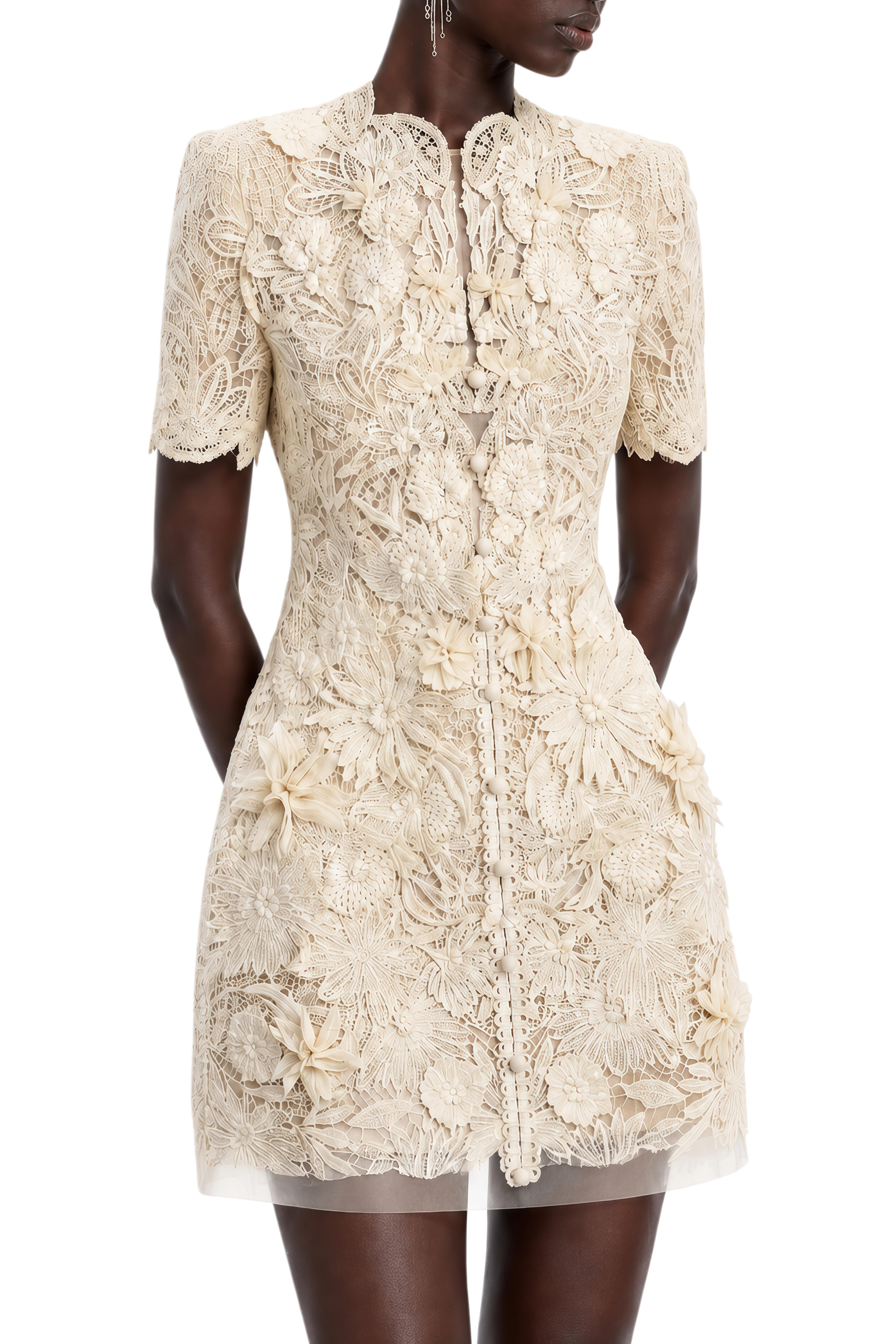 Amelie Neutral Floral Embroidered Lace Mini Dress