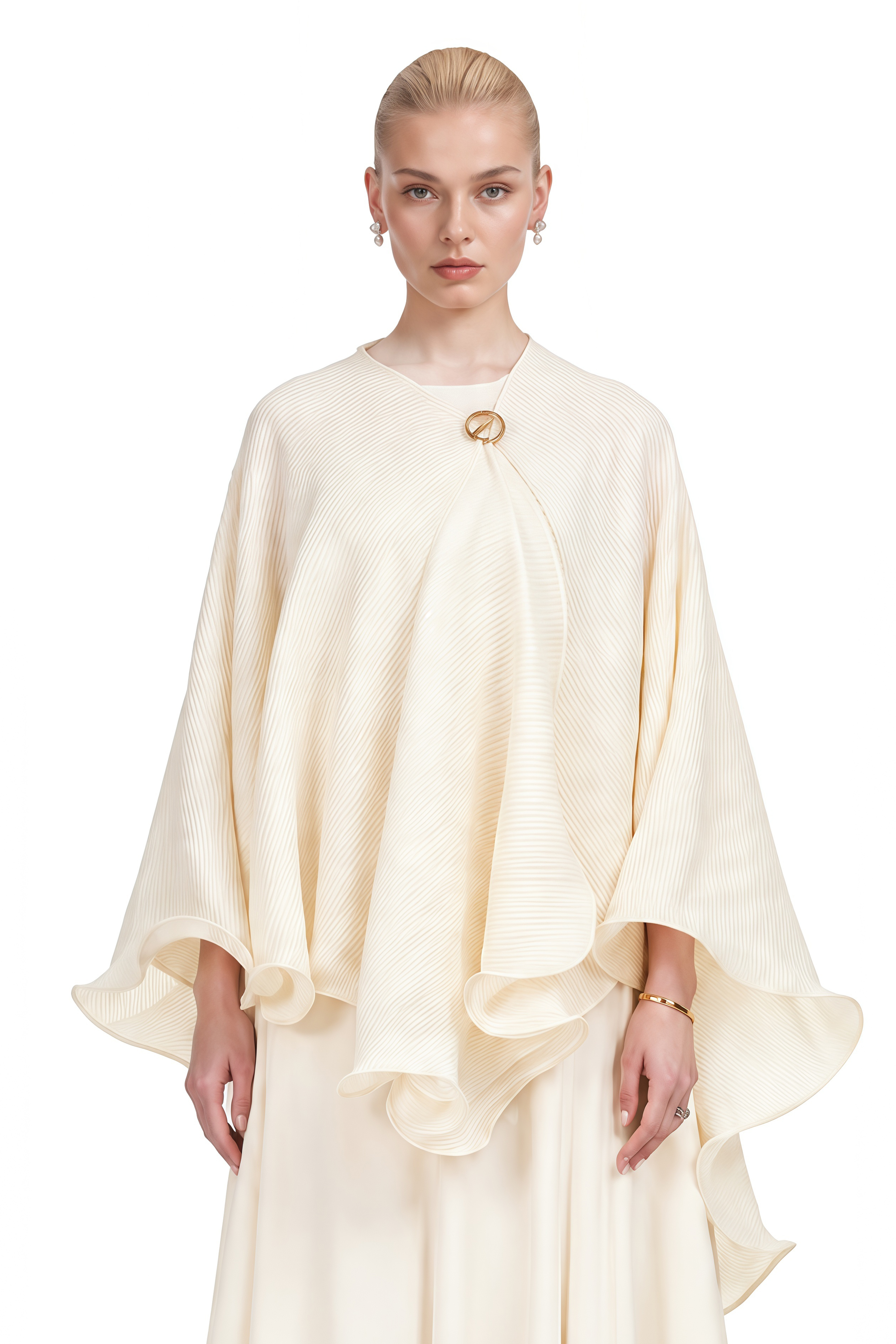 Aurora Neutral Cape Ruffled Top & Maxi Dress Set