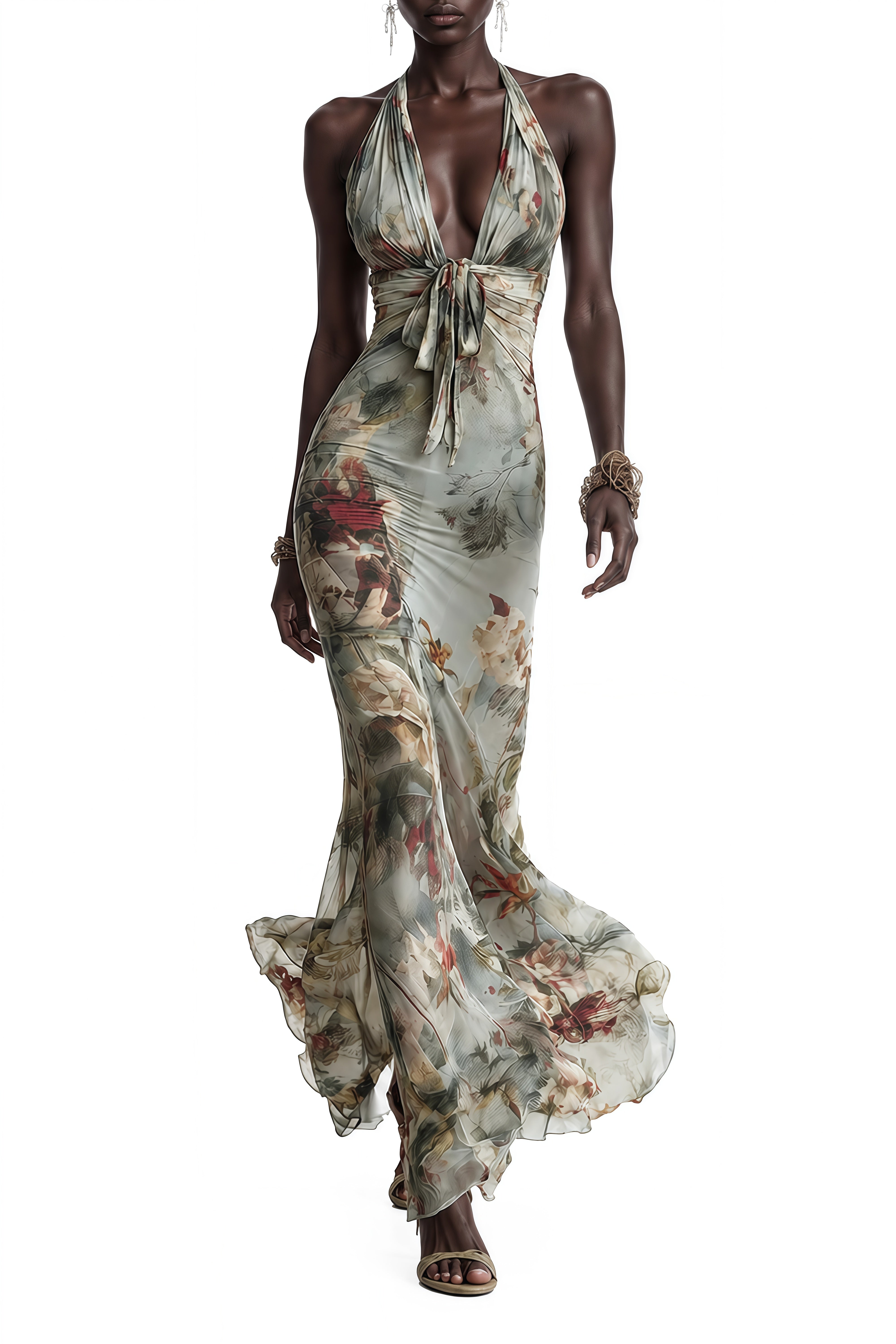 Serenity Green Floral Print Ruched Maxi Dress