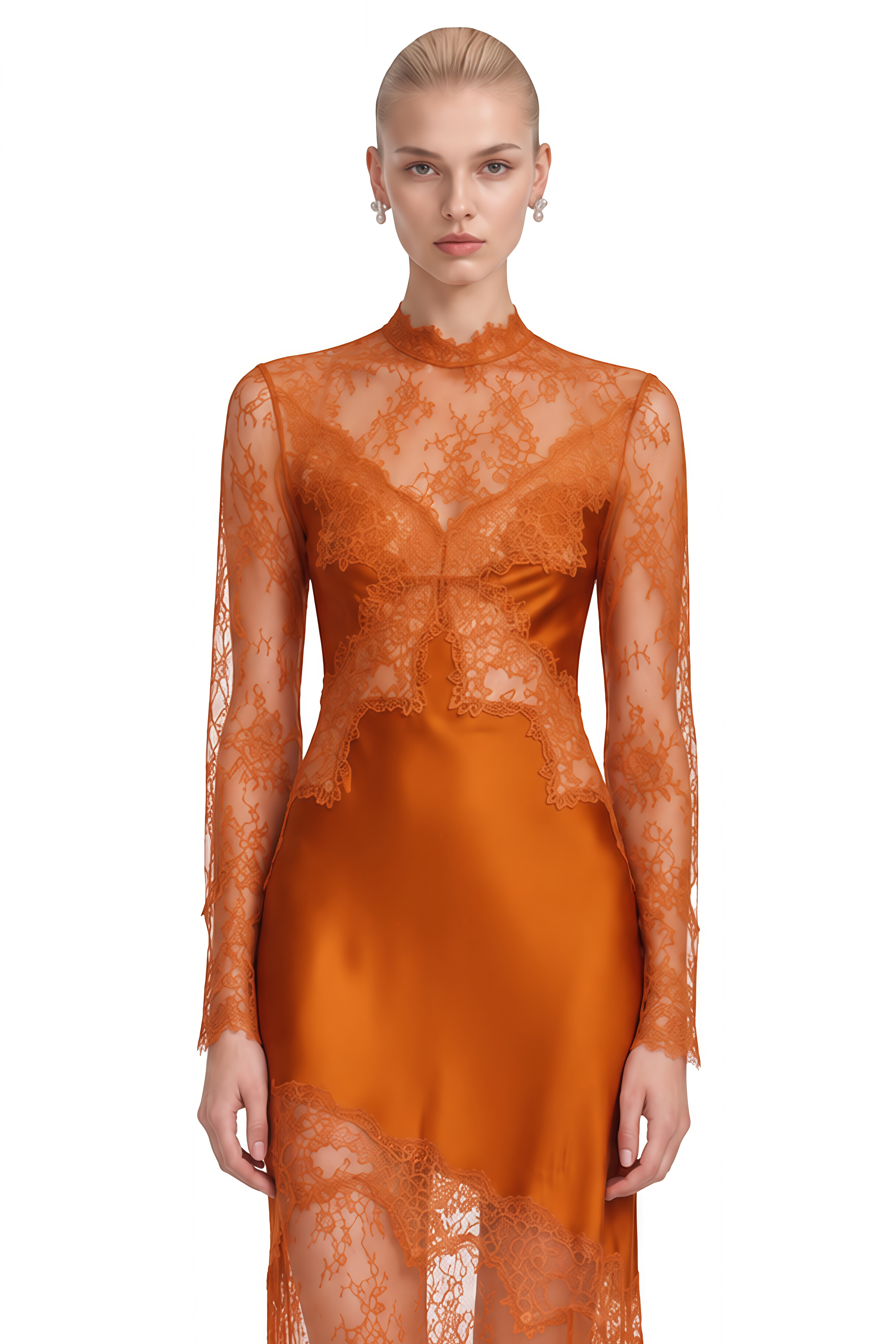 Mireille Burnt Orange Round Neck Lace Maxi Dress