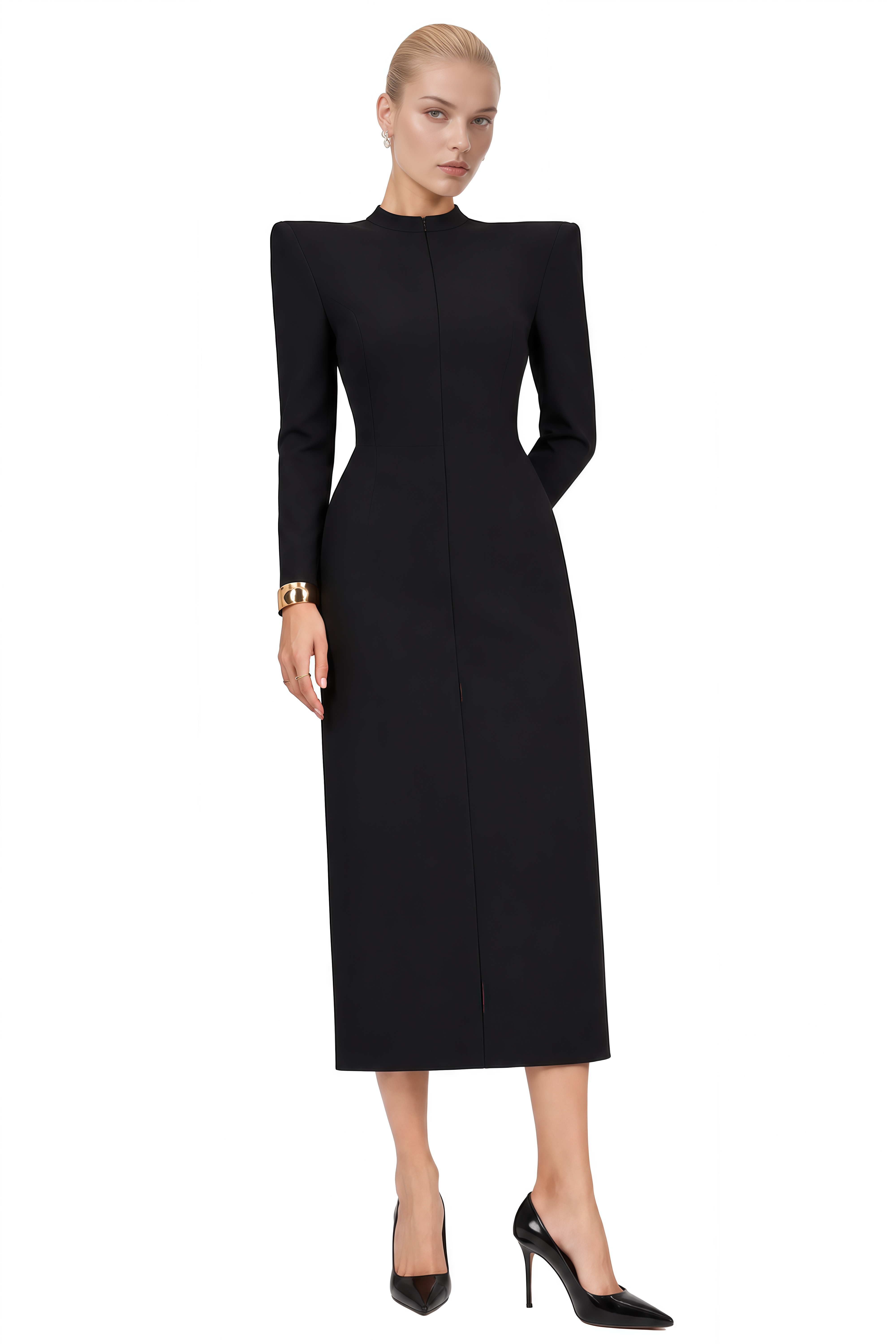 Helen Black Structured Shoulder Slit Midi Dress