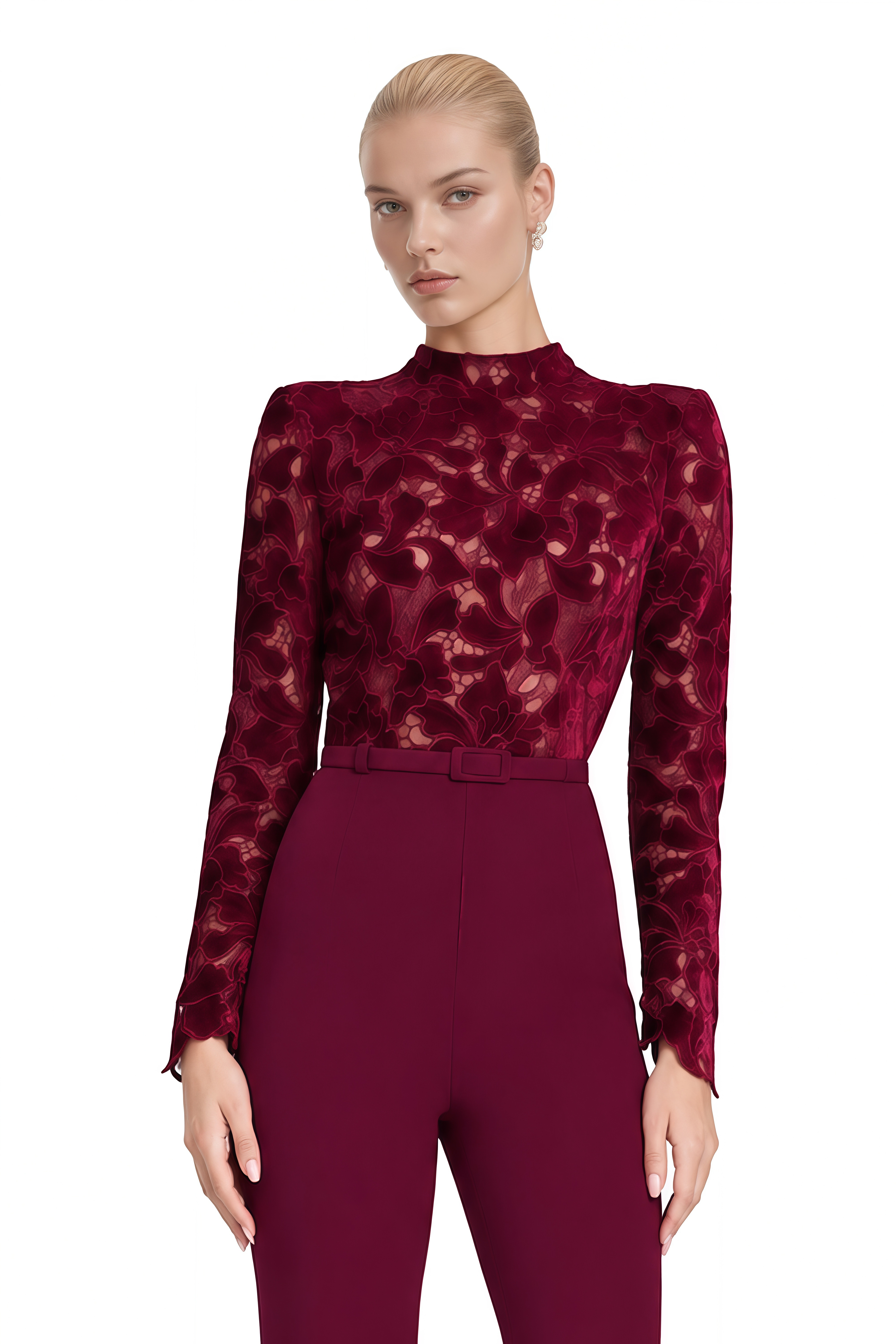 Flora Burgundy Long Sleeves Belted Jumpsuit