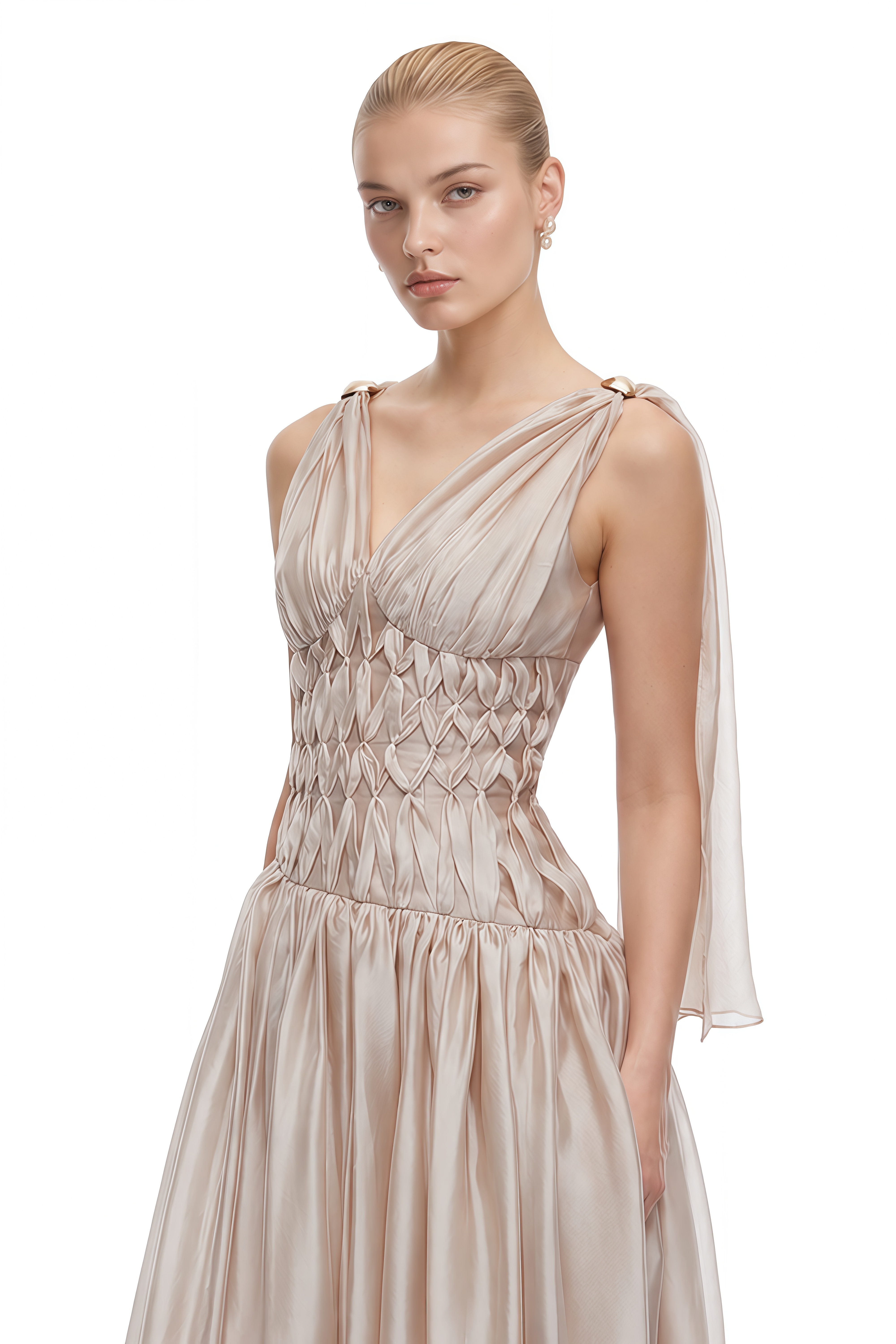 Fay Champagne V-Neck Ruched Maxi Dress