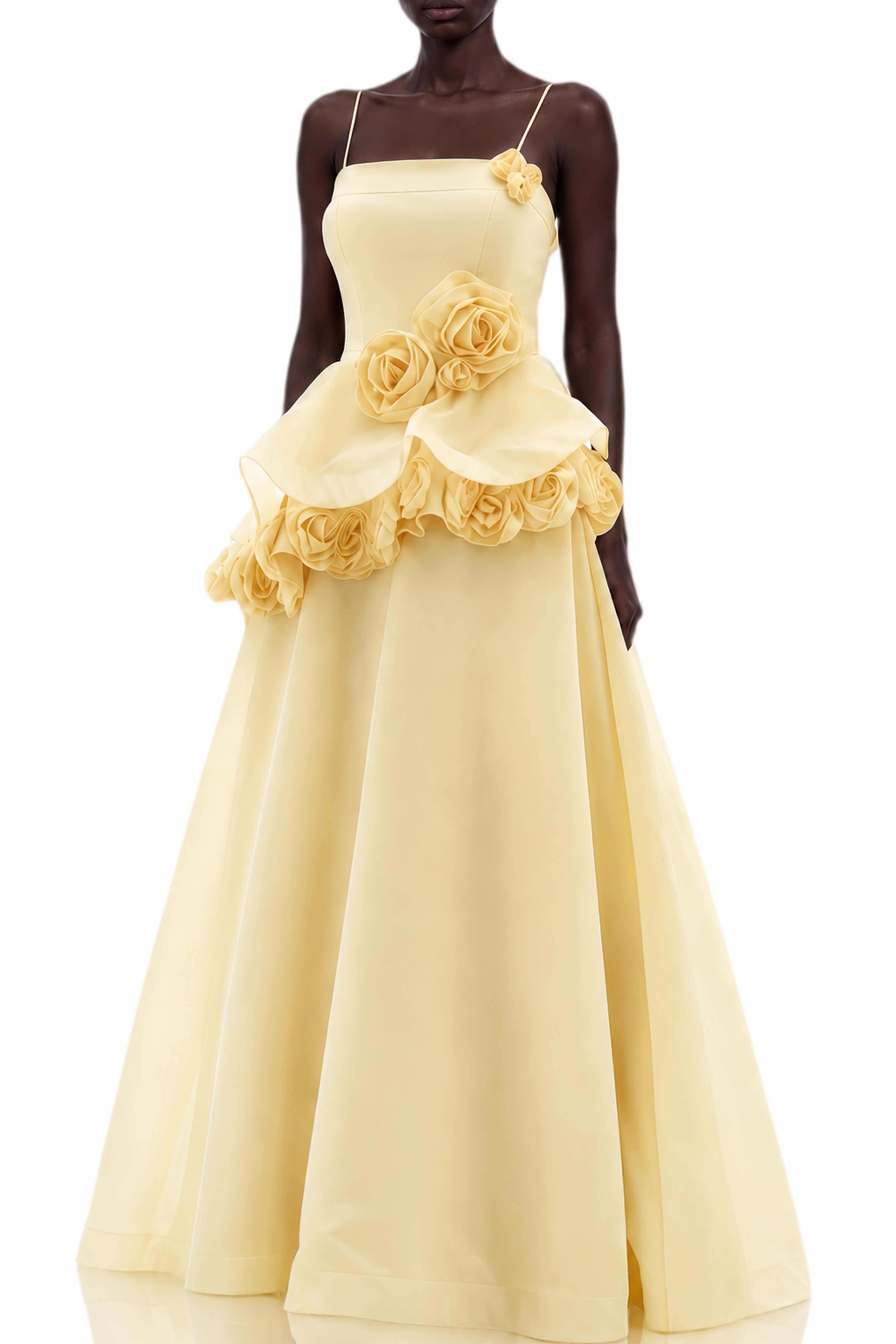Cecilia Yellow 3D Floral Appliqué Asymmetrical Maxi Dress