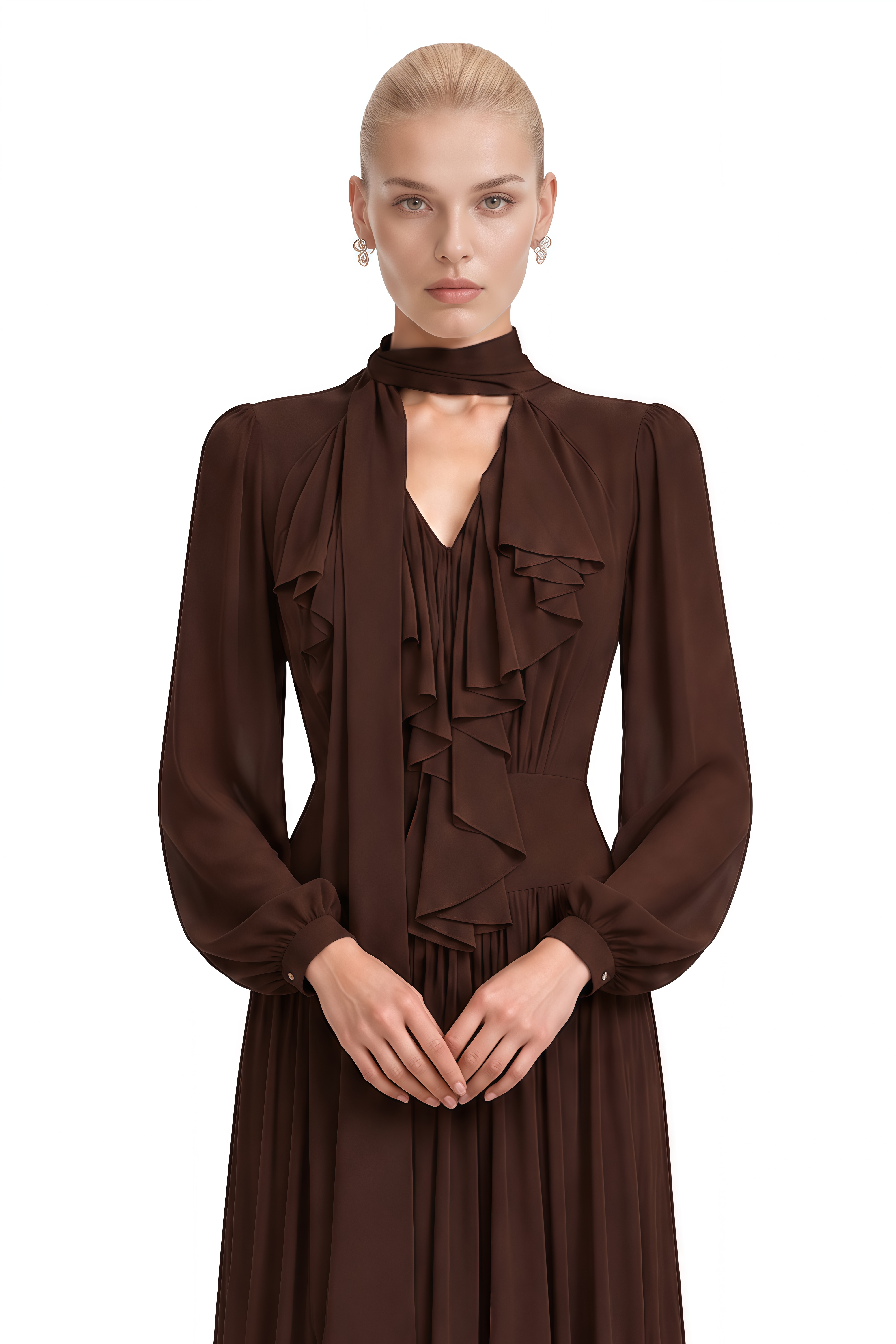 Verity Brown Long Sleeves Pleated Maxi Dress
