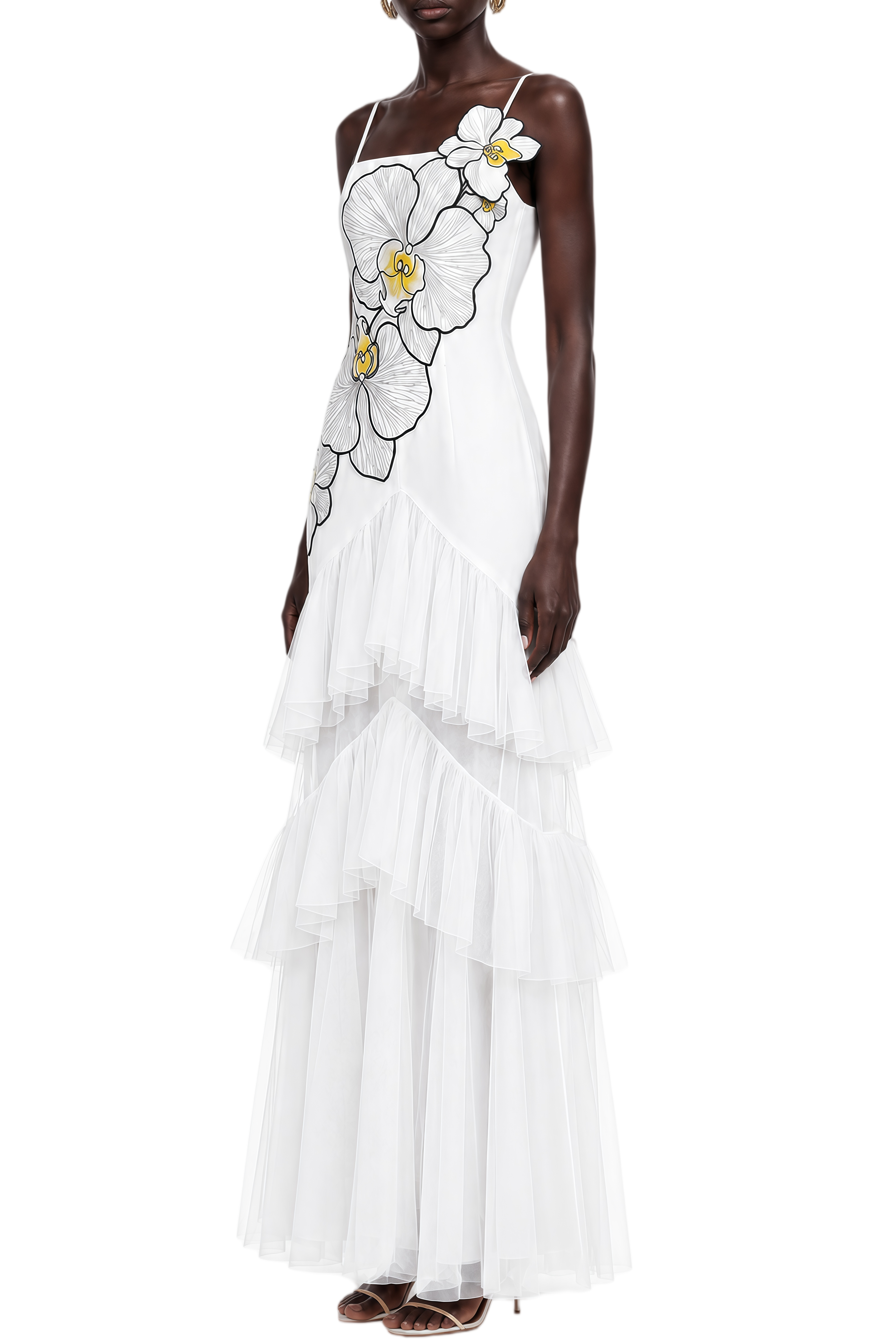 Elodie White 3D Floral Embroidered Sleeveless Maxi Dress