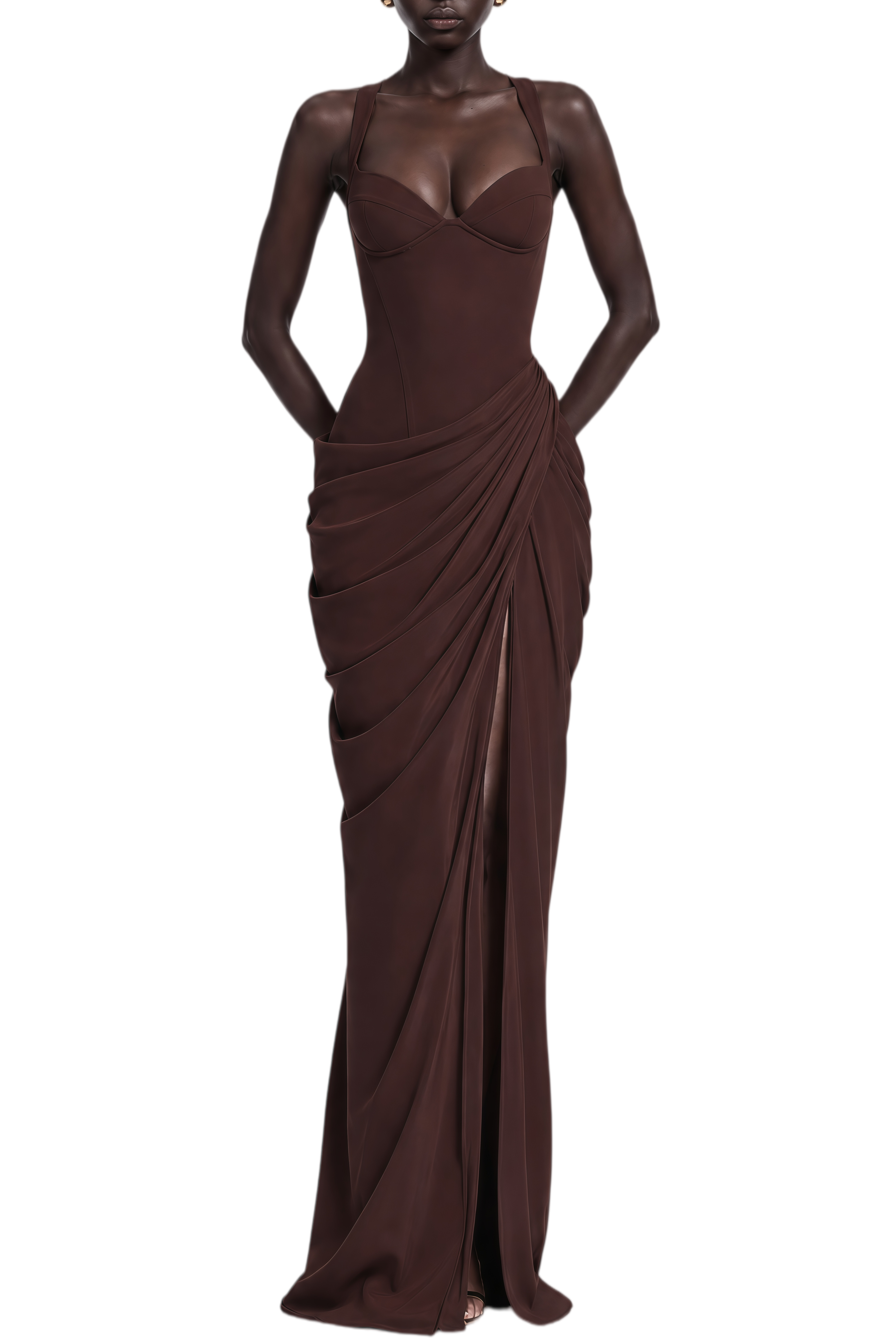 Rosamund Brown Sleeveless Ruched Maxi Dress