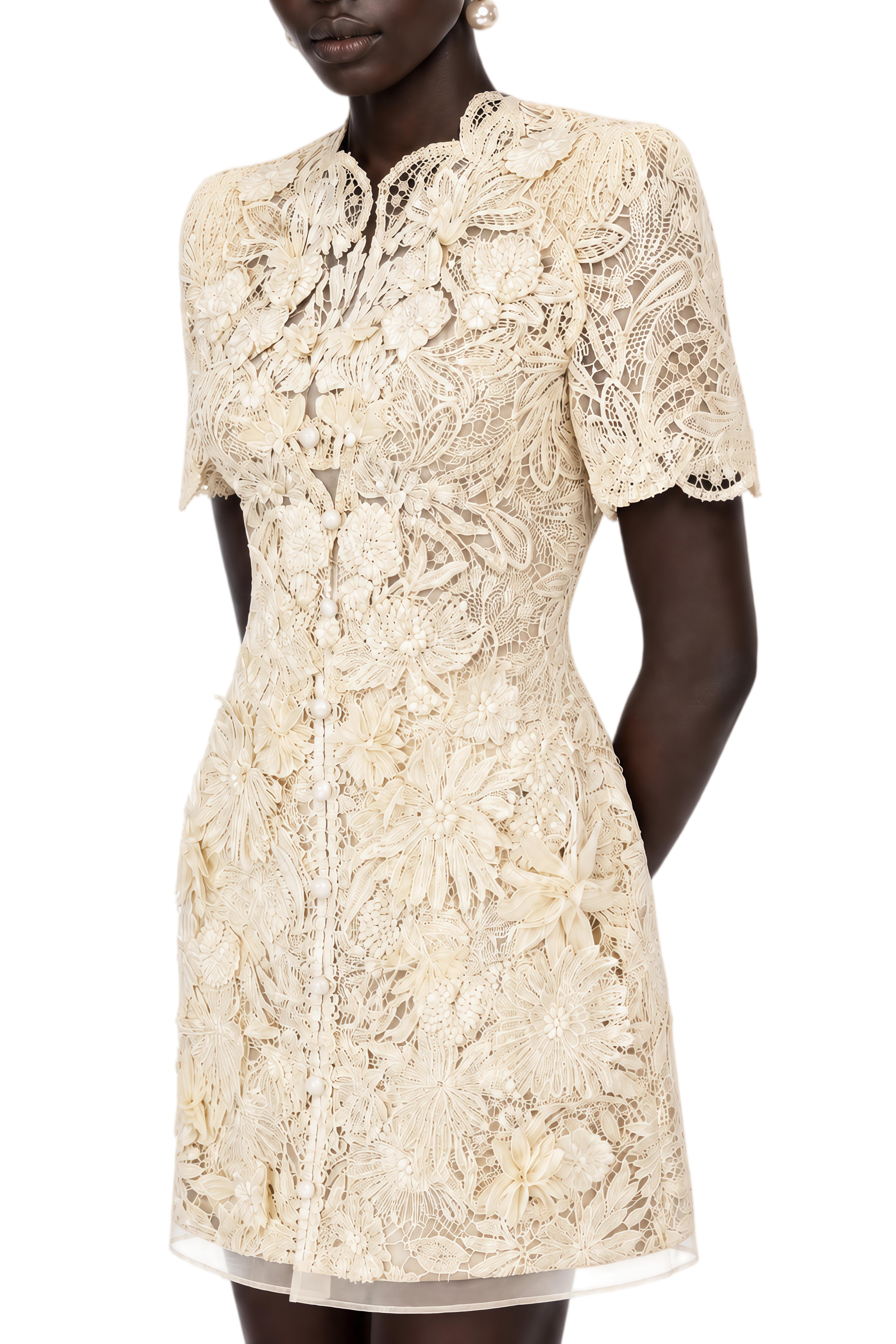 Amelie Neutral Floral Embroidered Lace Mini Dress