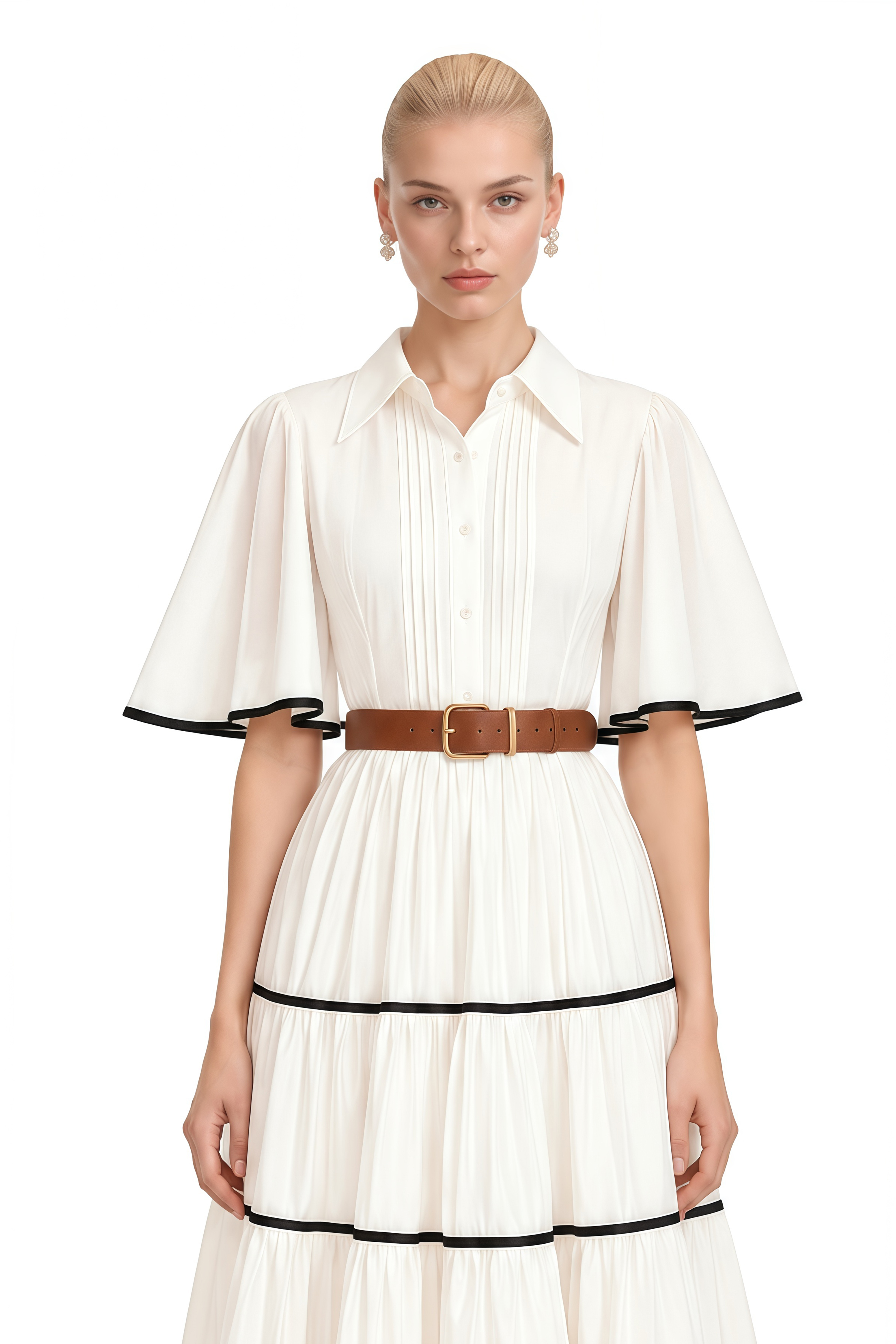 Coralie White Short Sleeves Belted Maxi Dress