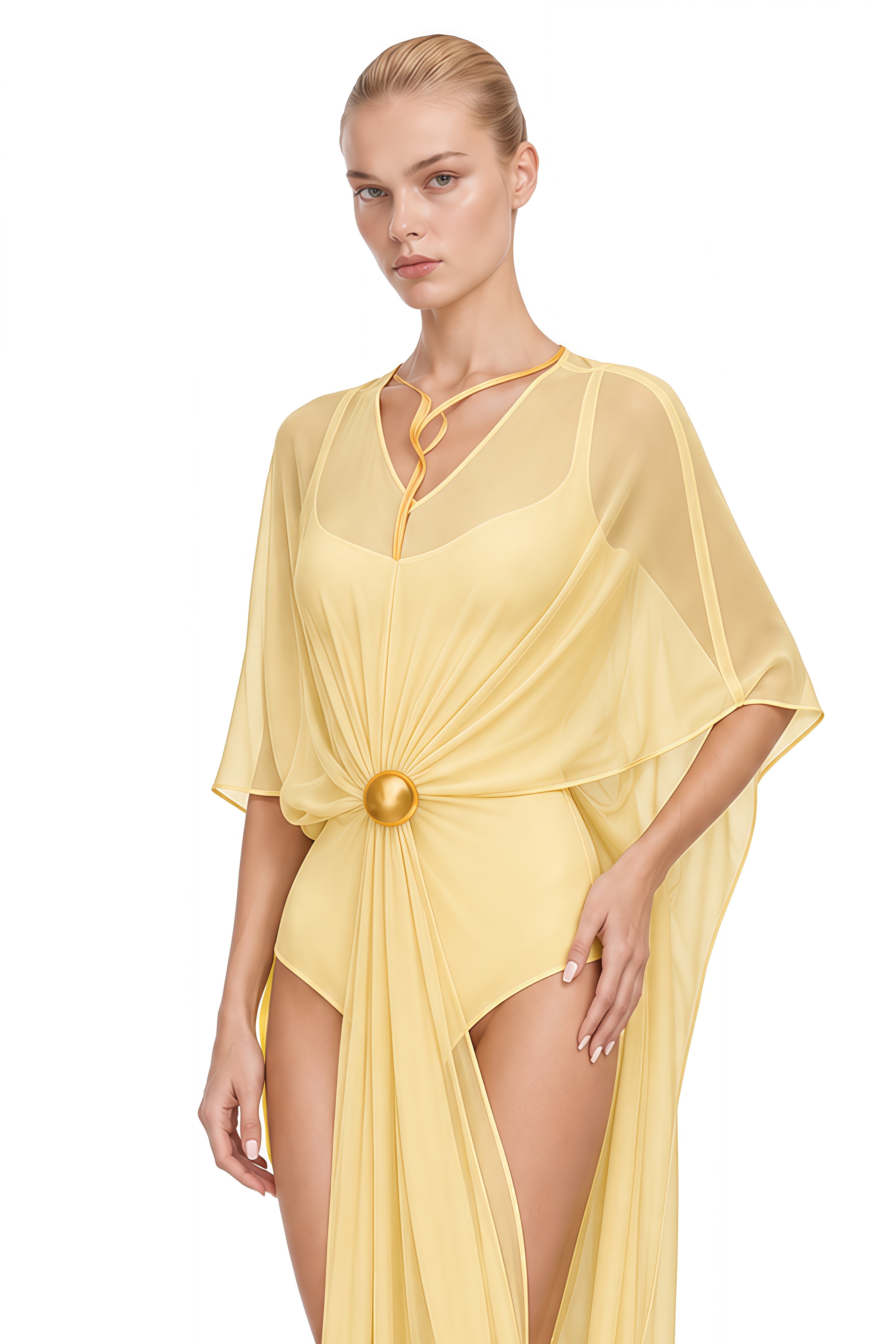 Elowen Yellow V-Neck Draped Shawl & Bodysuit Set
