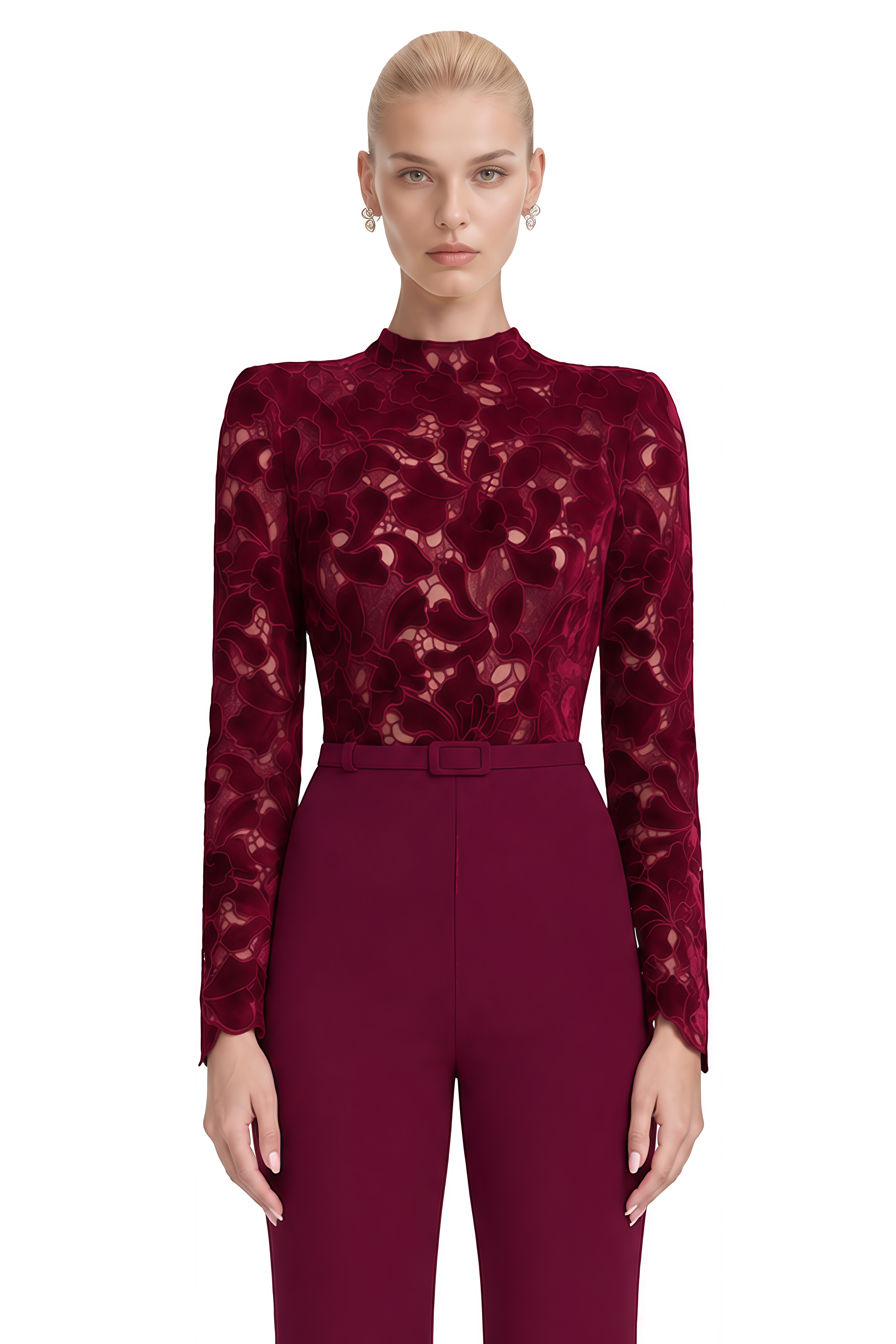 Flora Burgundy Long Sleeves Belted Jumpsuit
