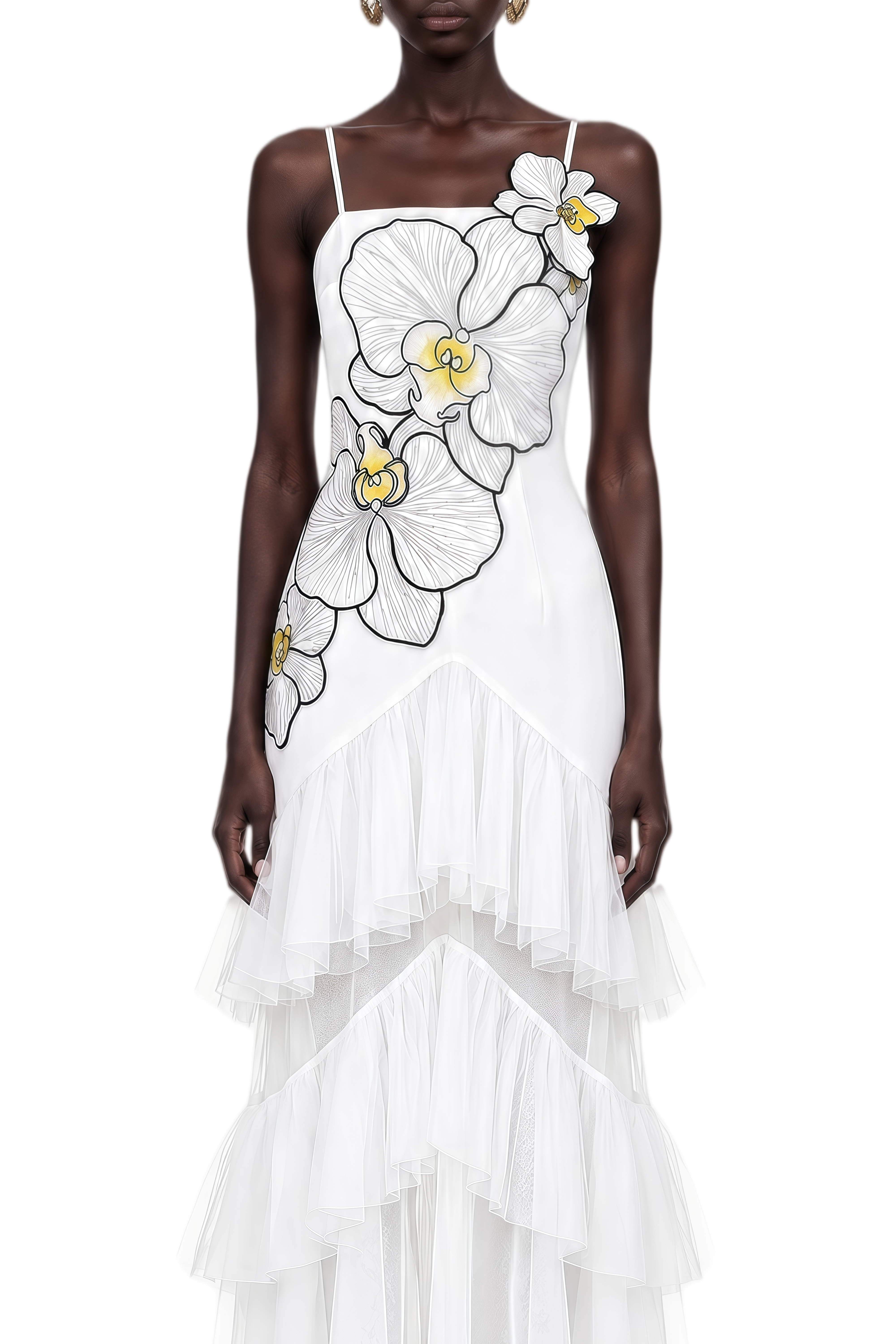 Elodie White 3D Floral Embroidered Sleeveless Maxi Dress