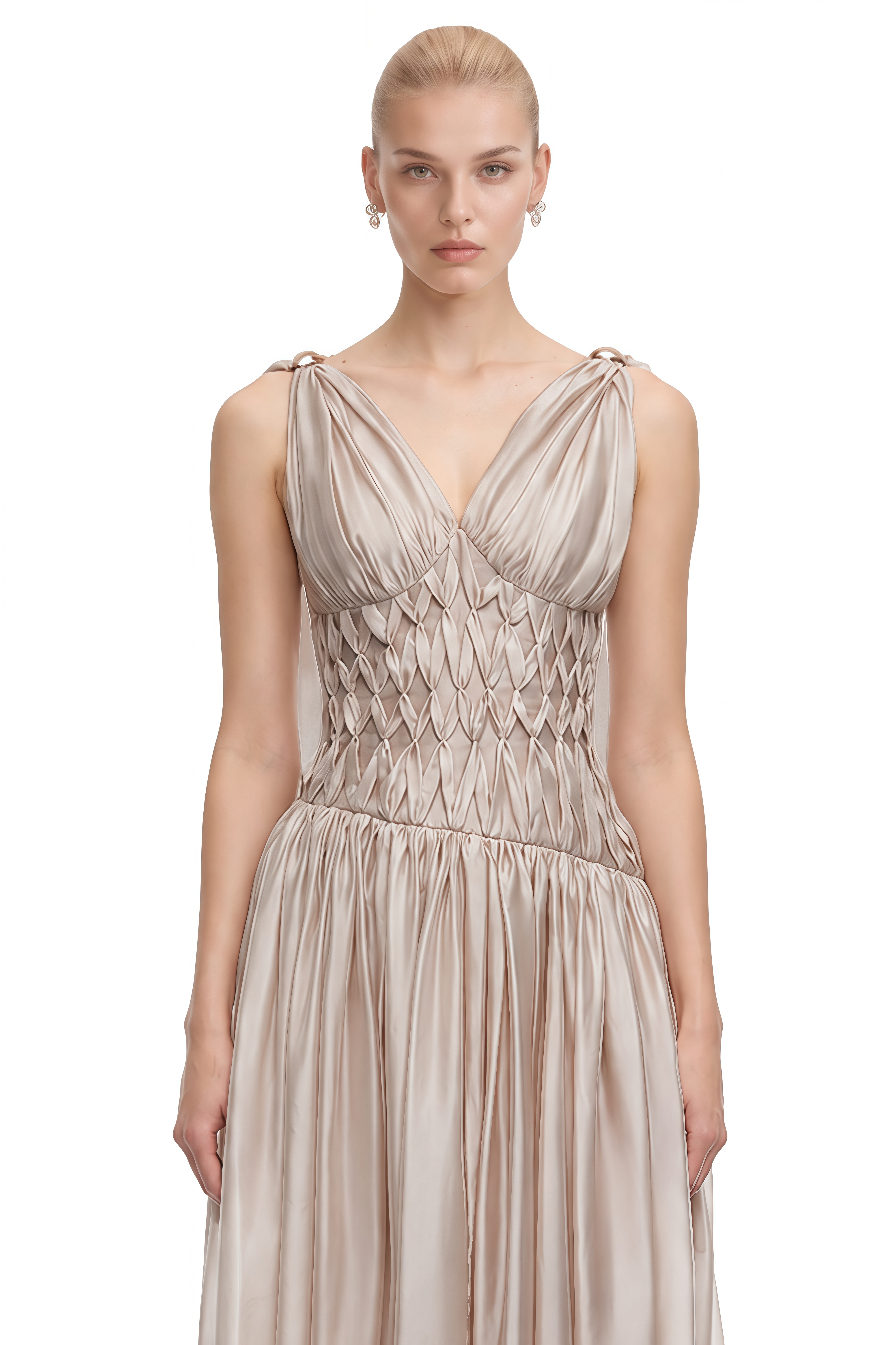 Fay Champagne V-Neck Ruched Maxi Dress