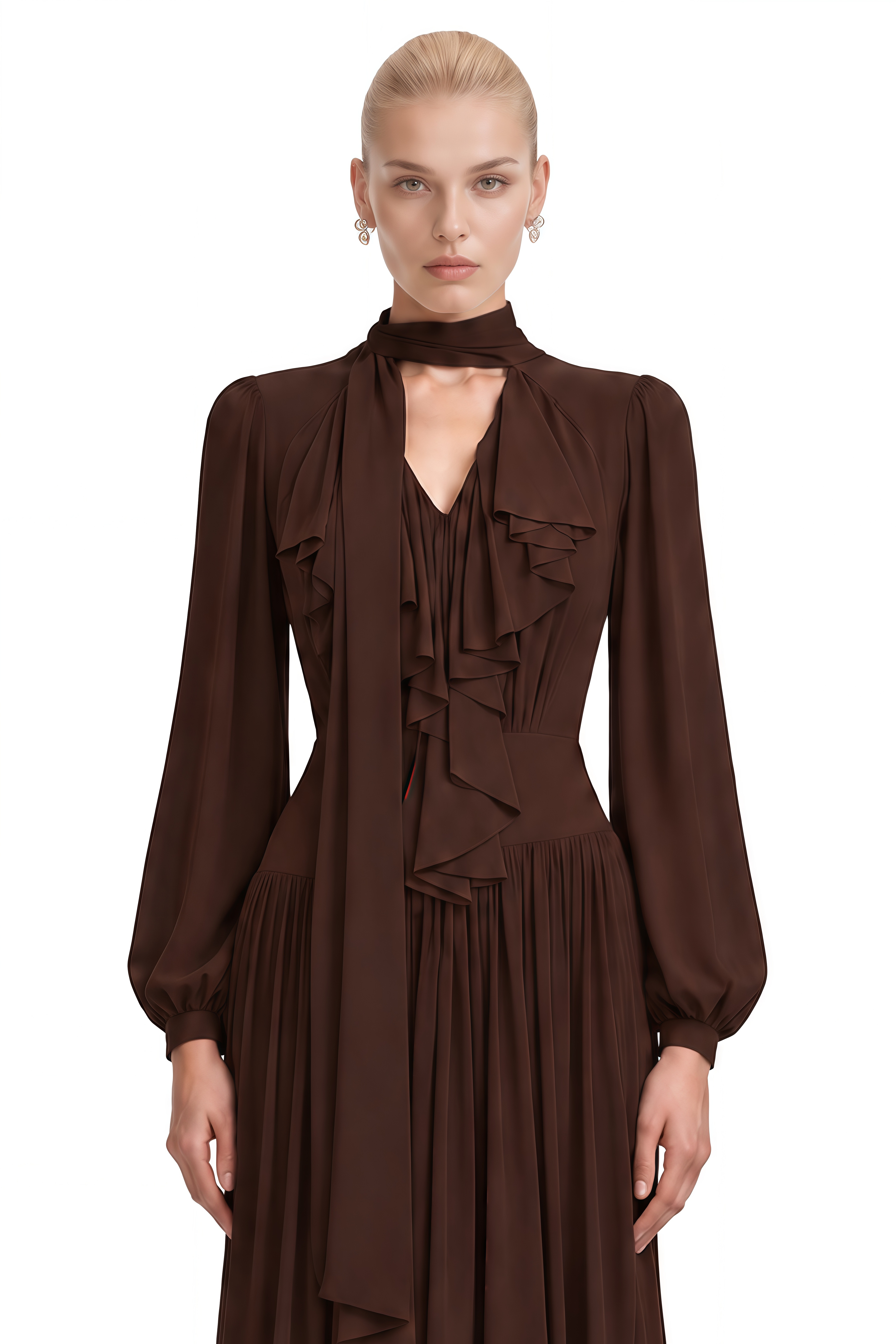 Verity Brown Long Sleeves Pleated Maxi Dress