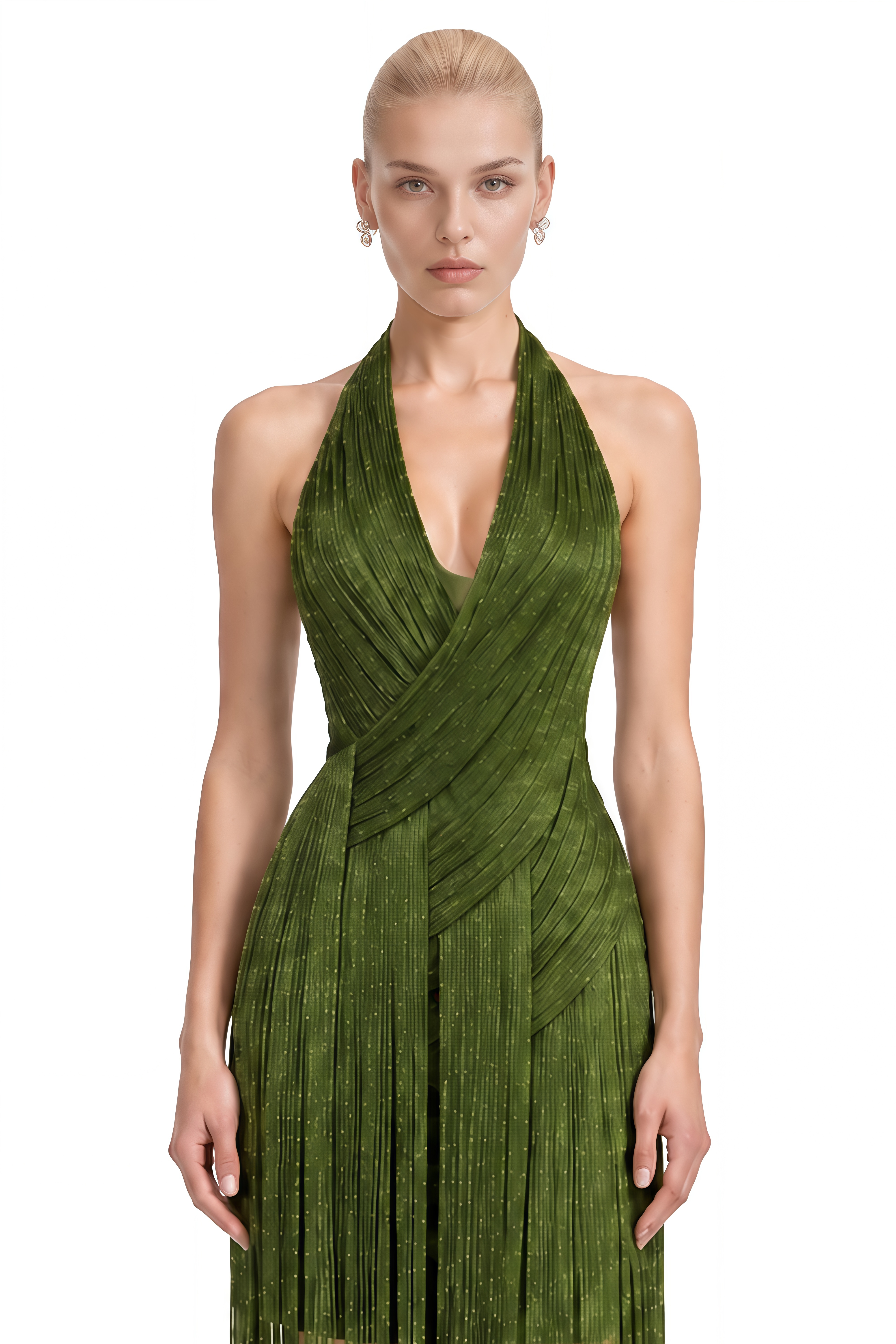 Sylvia Olive Green Asymmetrical Fringe Maxi Dress