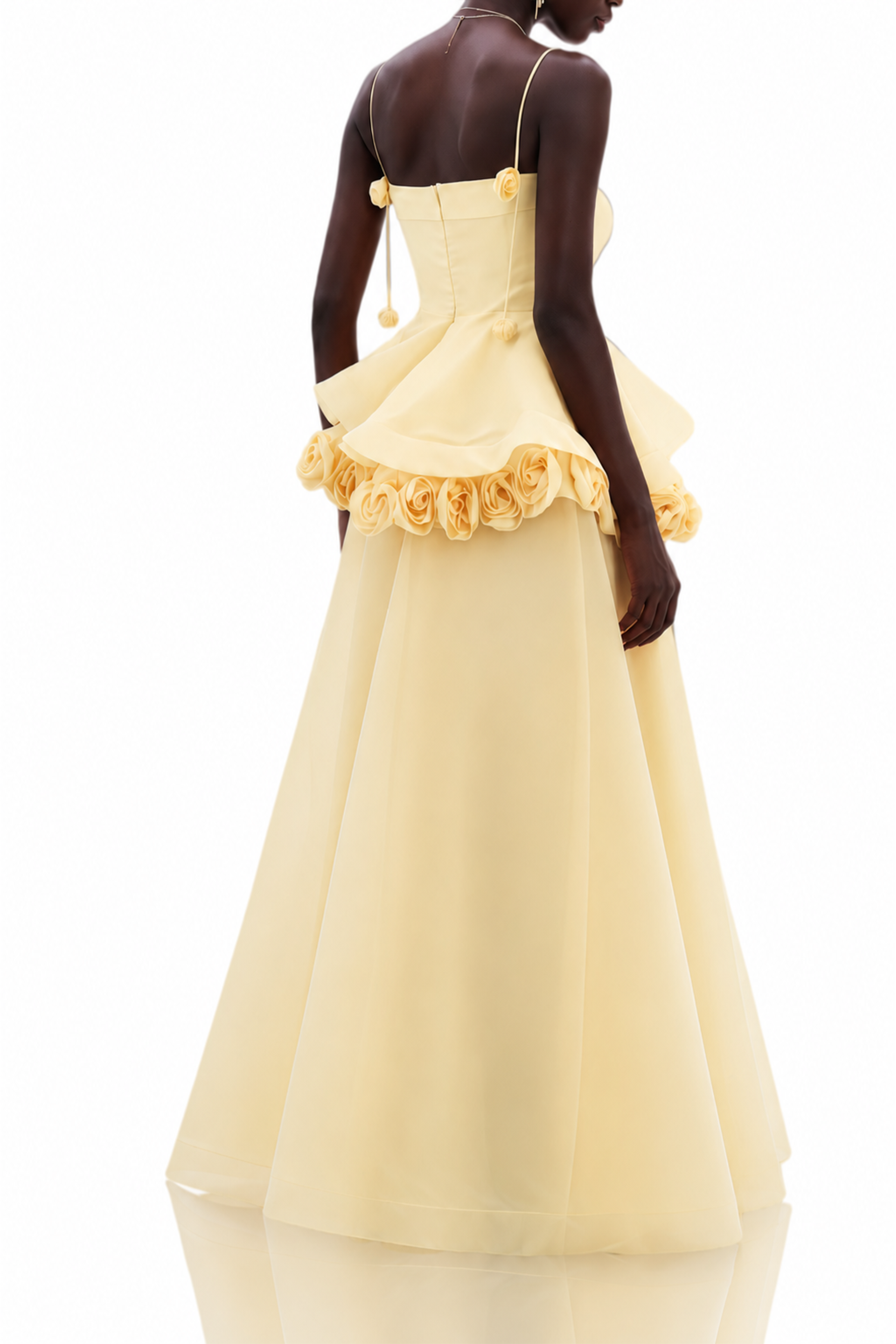 Cecilia Yellow 3D Floral Appliqué Asymmetrical Maxi Dress
