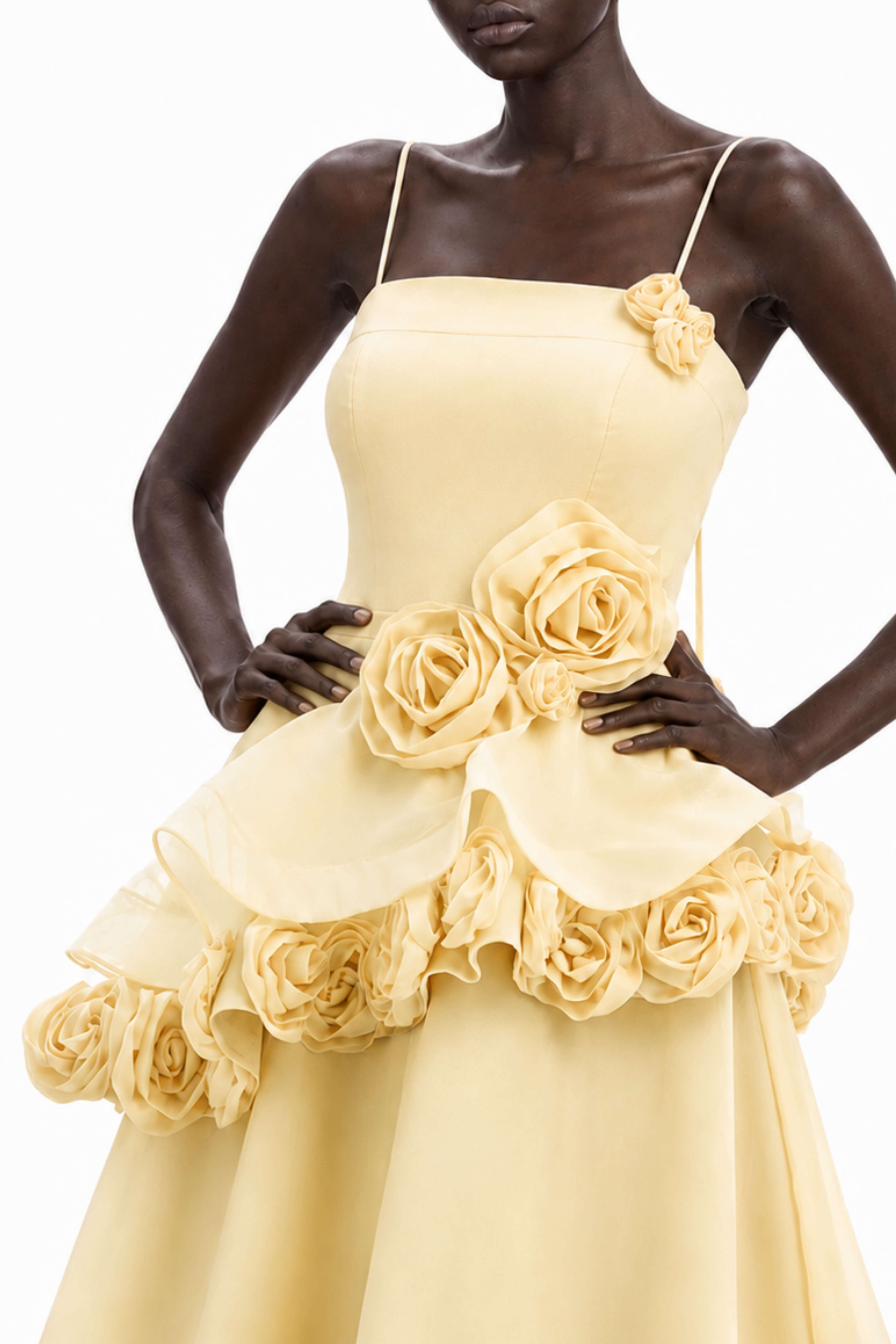 Cecilia Yellow 3D Floral Appliqué Asymmetrical Maxi Dress