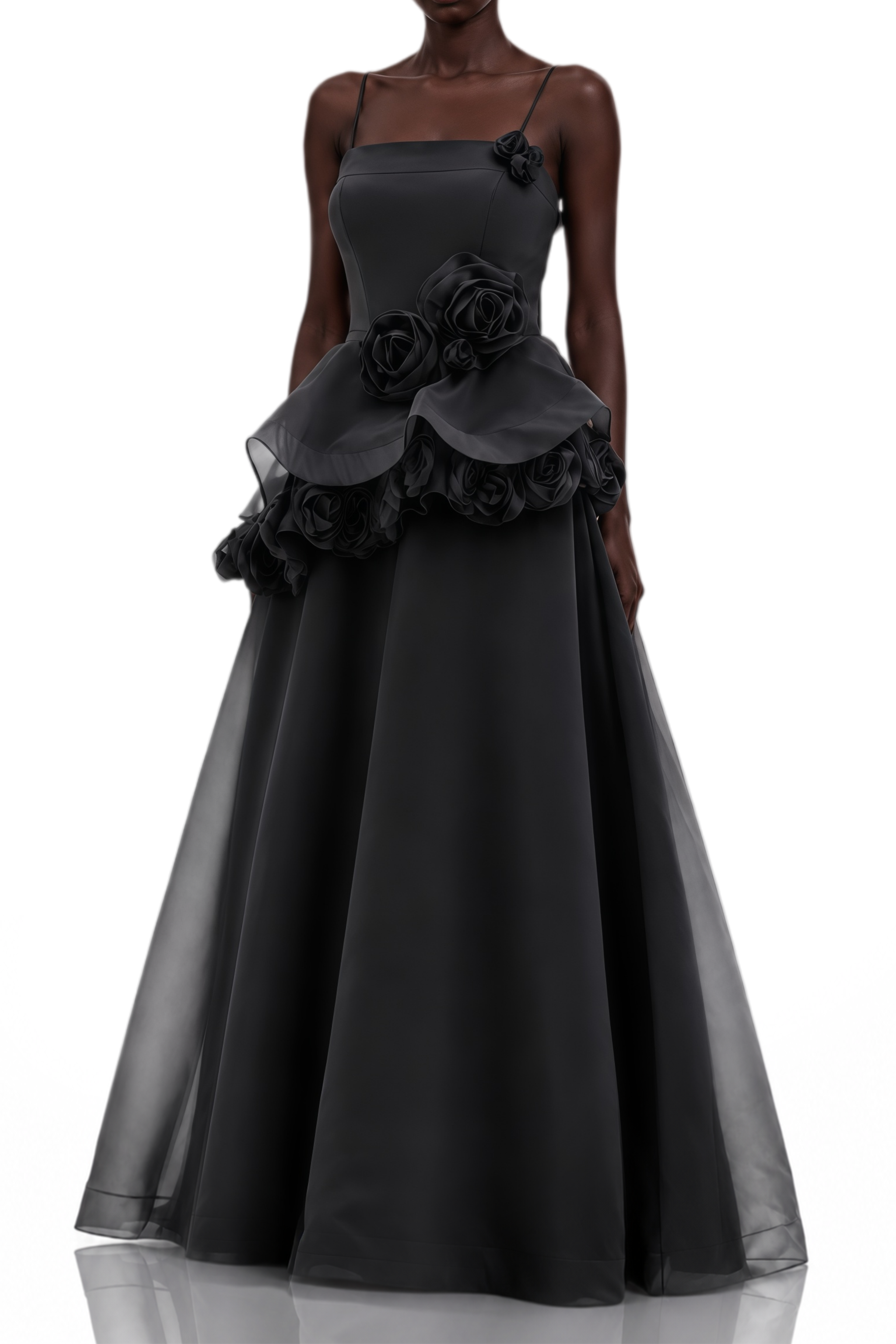Cecilia Black 3D Floral Appliqué Asymmetrical Maxi Dress