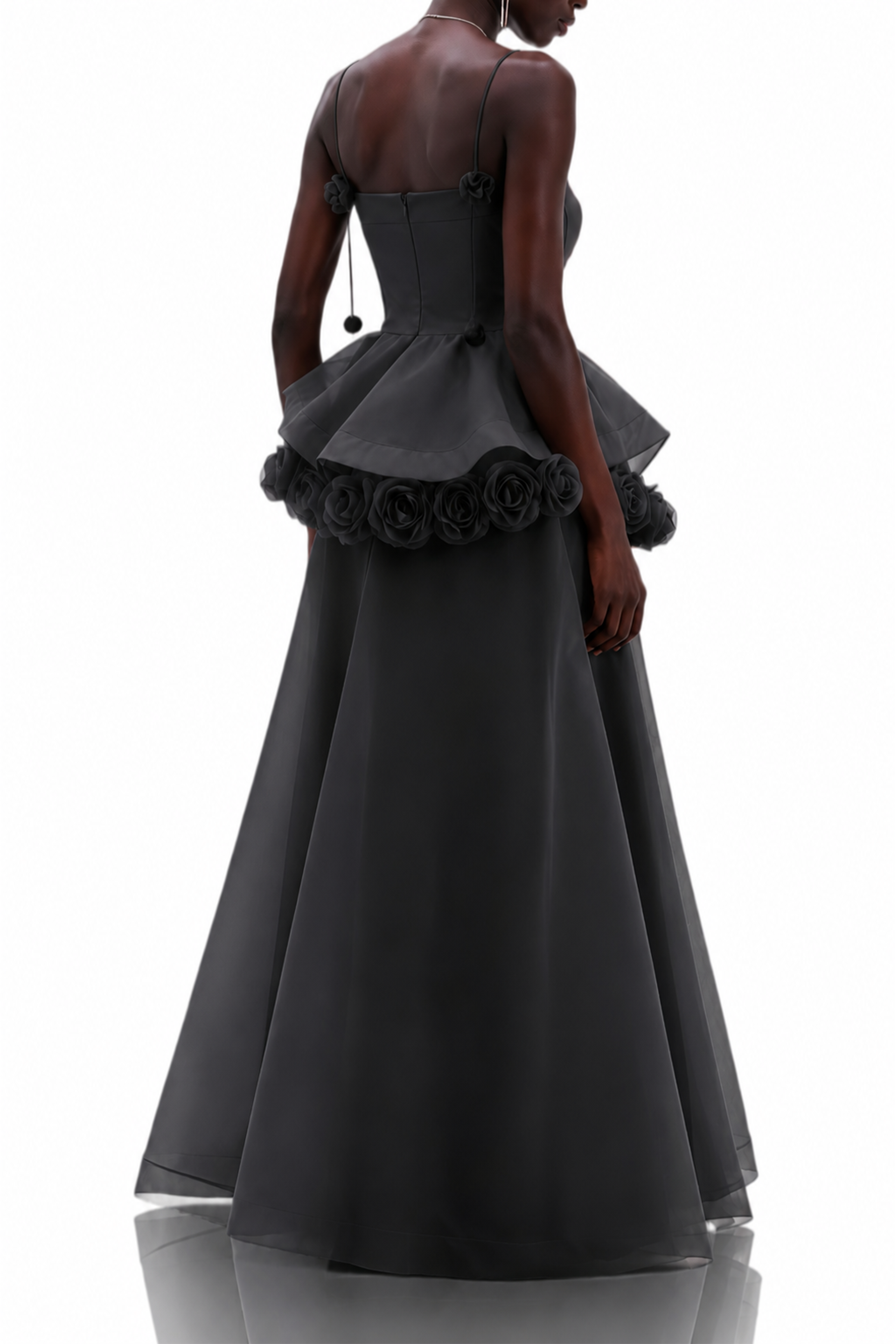 Cecilia Black 3D Floral Appliqué Asymmetrical Maxi Dress