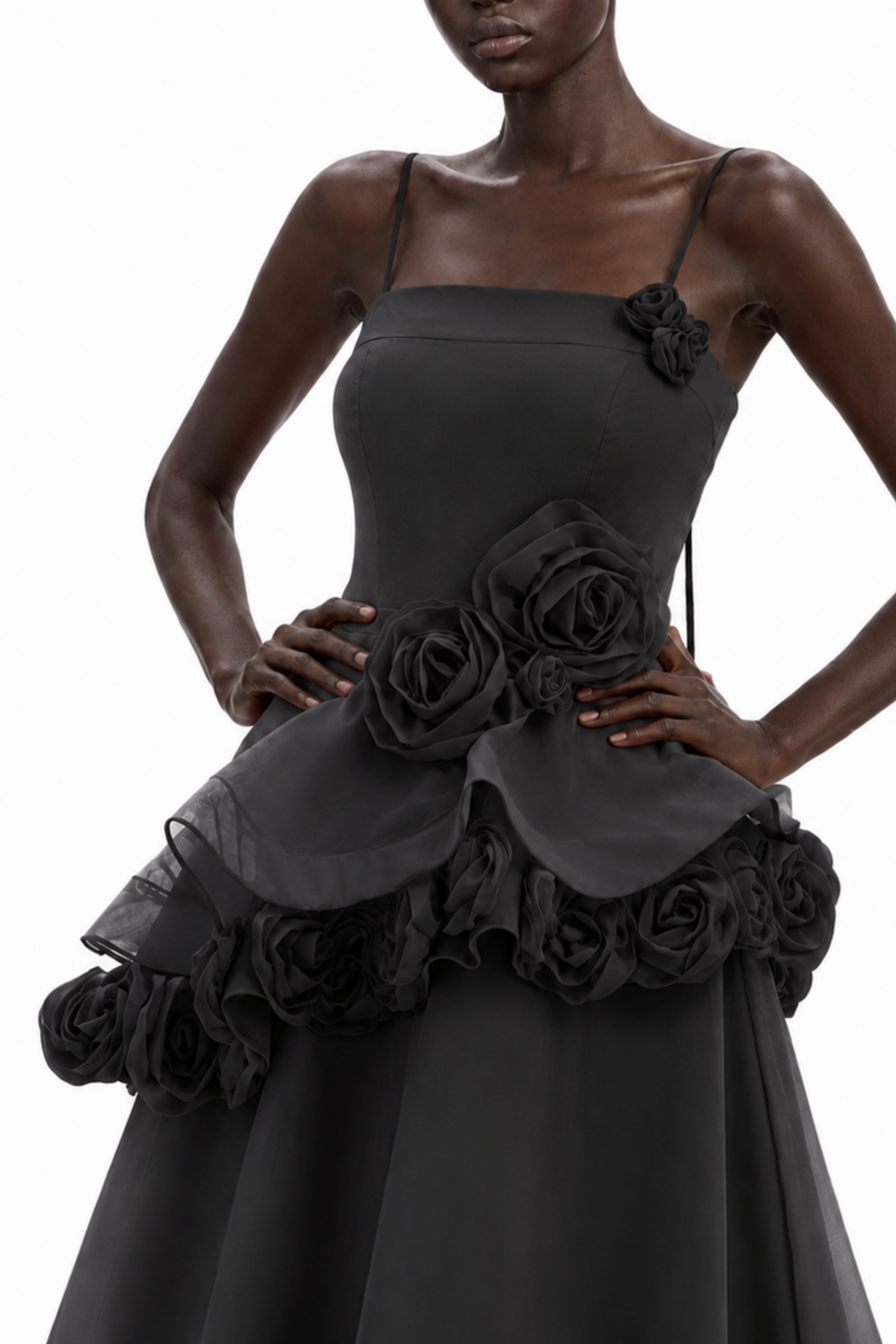 Cecilia Black 3D Floral Appliqué Asymmetrical Maxi Dress