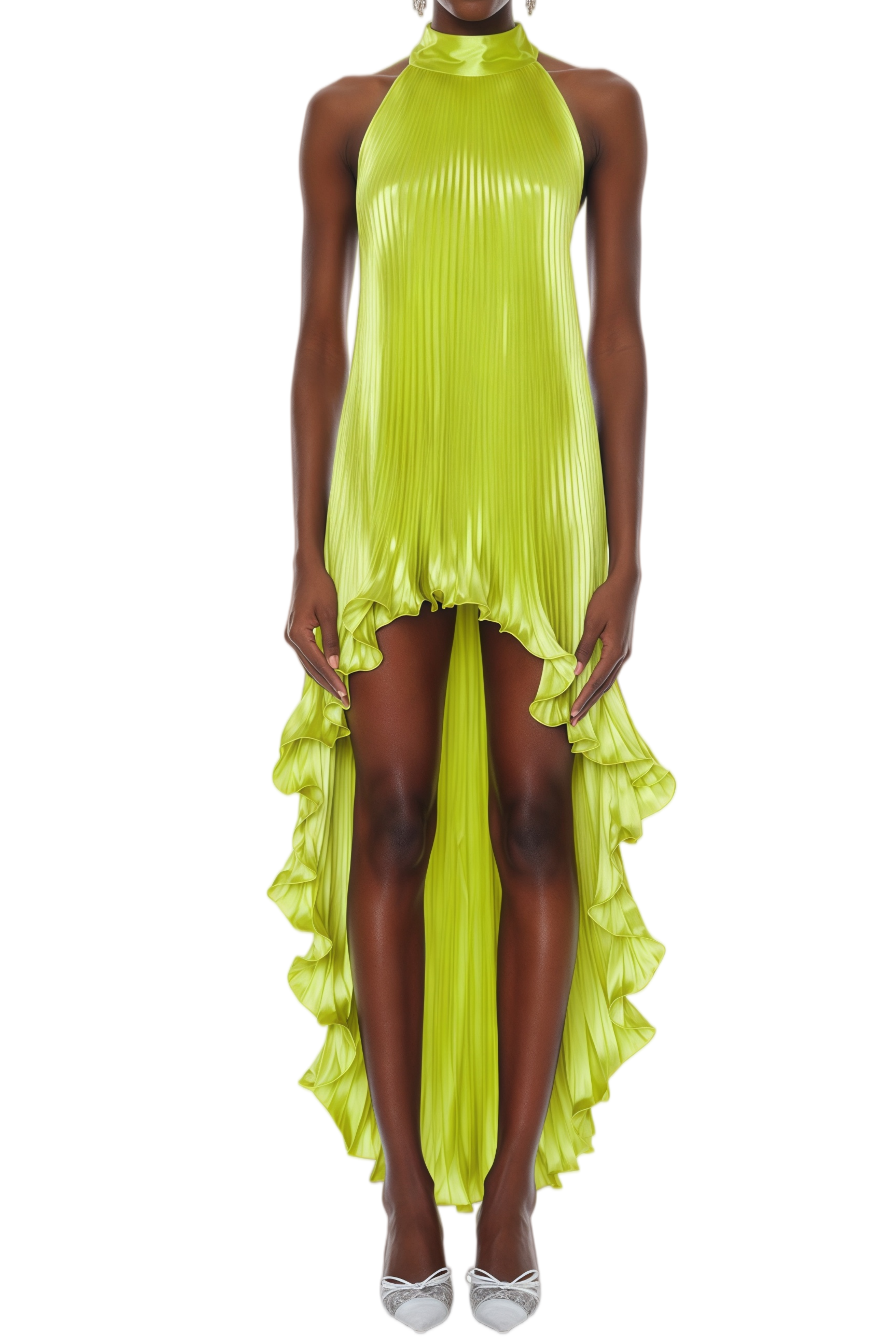 Amelia Light Green Asymmetrical Pleated Midi Dress