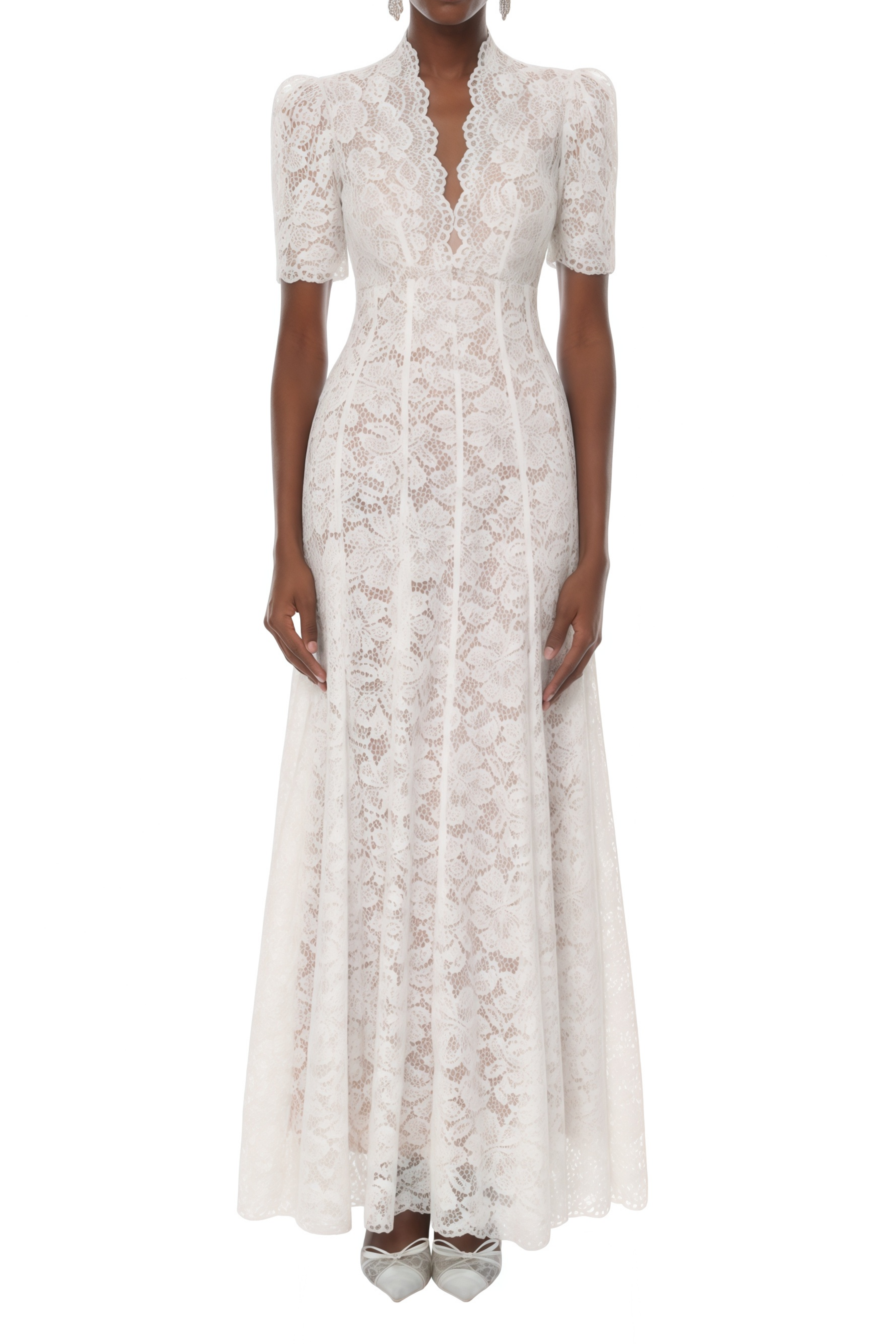 Cora Cream White Plunge Neck Floral Lace Maxi Dress