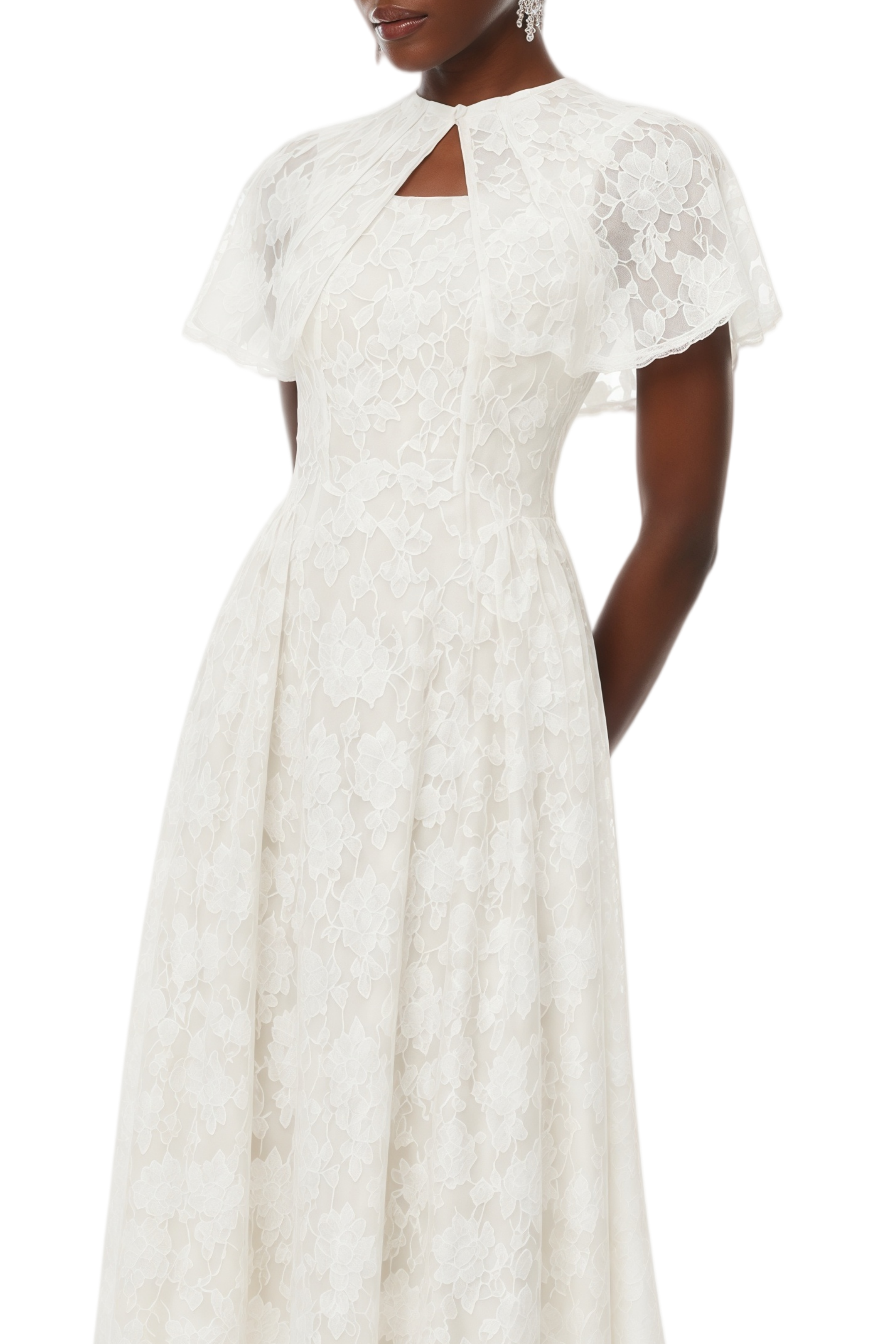 Camille White Cape Design Pleated Midi Dress