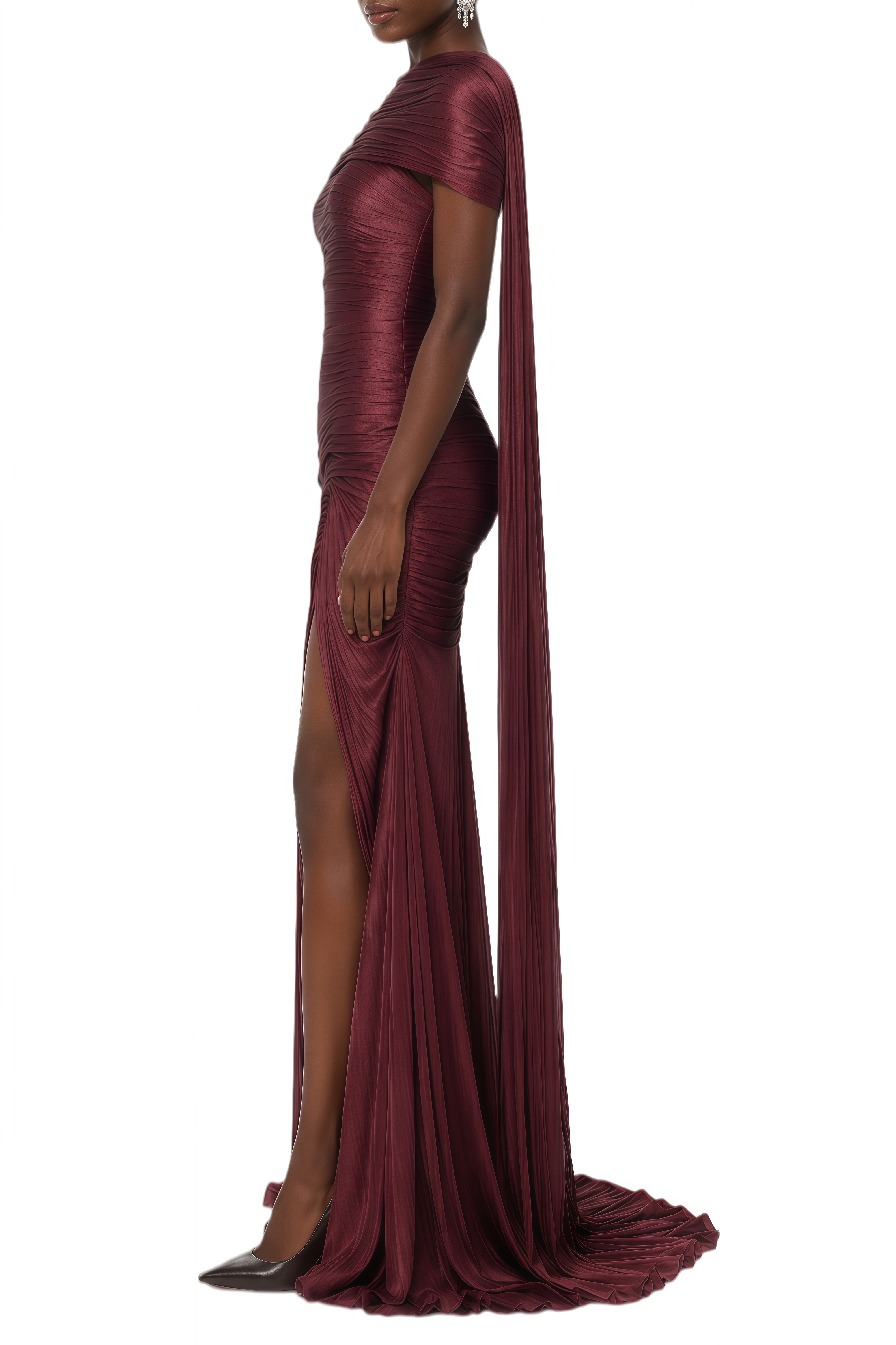 Dobromila Burgundy Pleated Maxi Dress with Scarf Detail