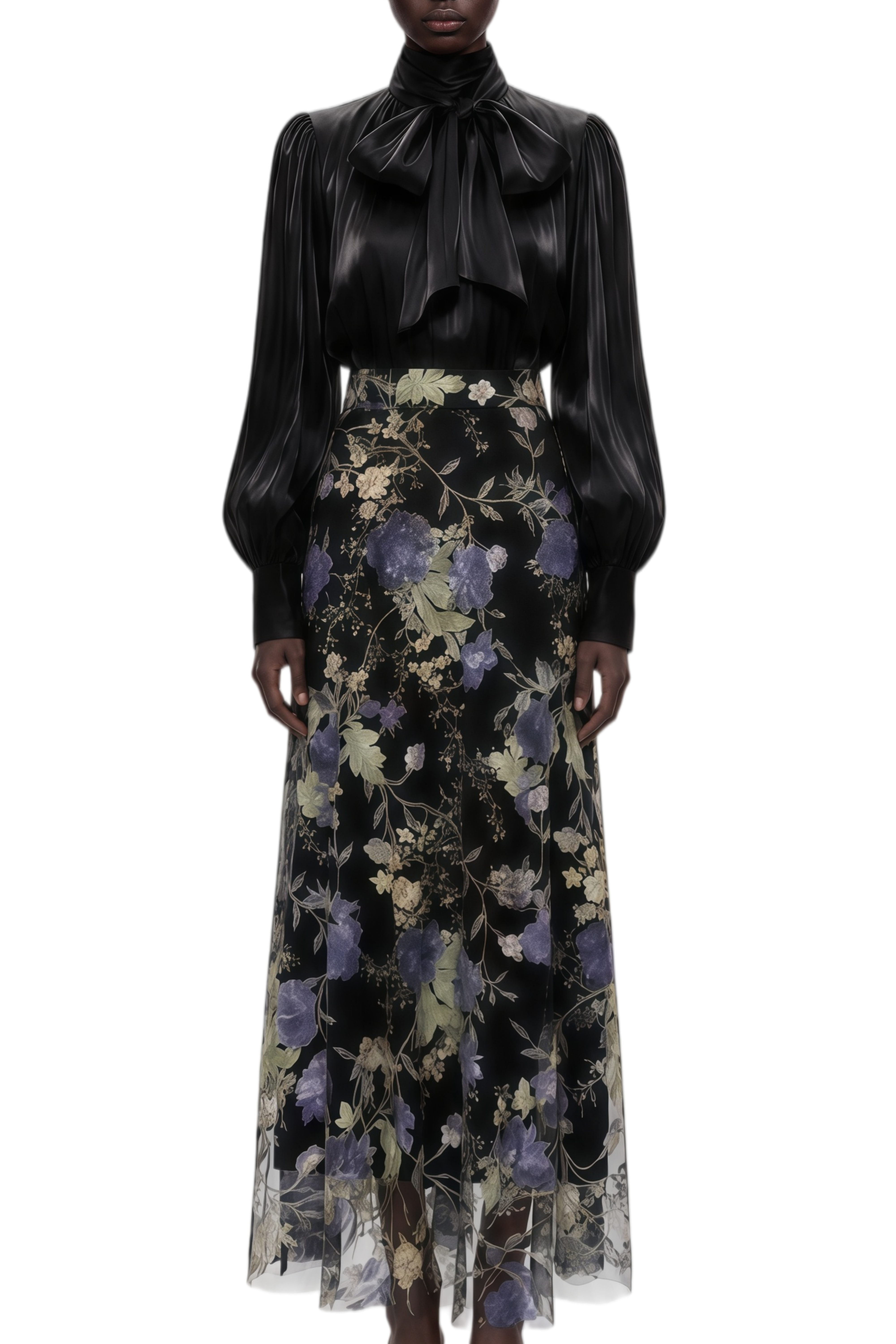 Zephyra Black Floral Print Turtleneck Top & Skirt Set