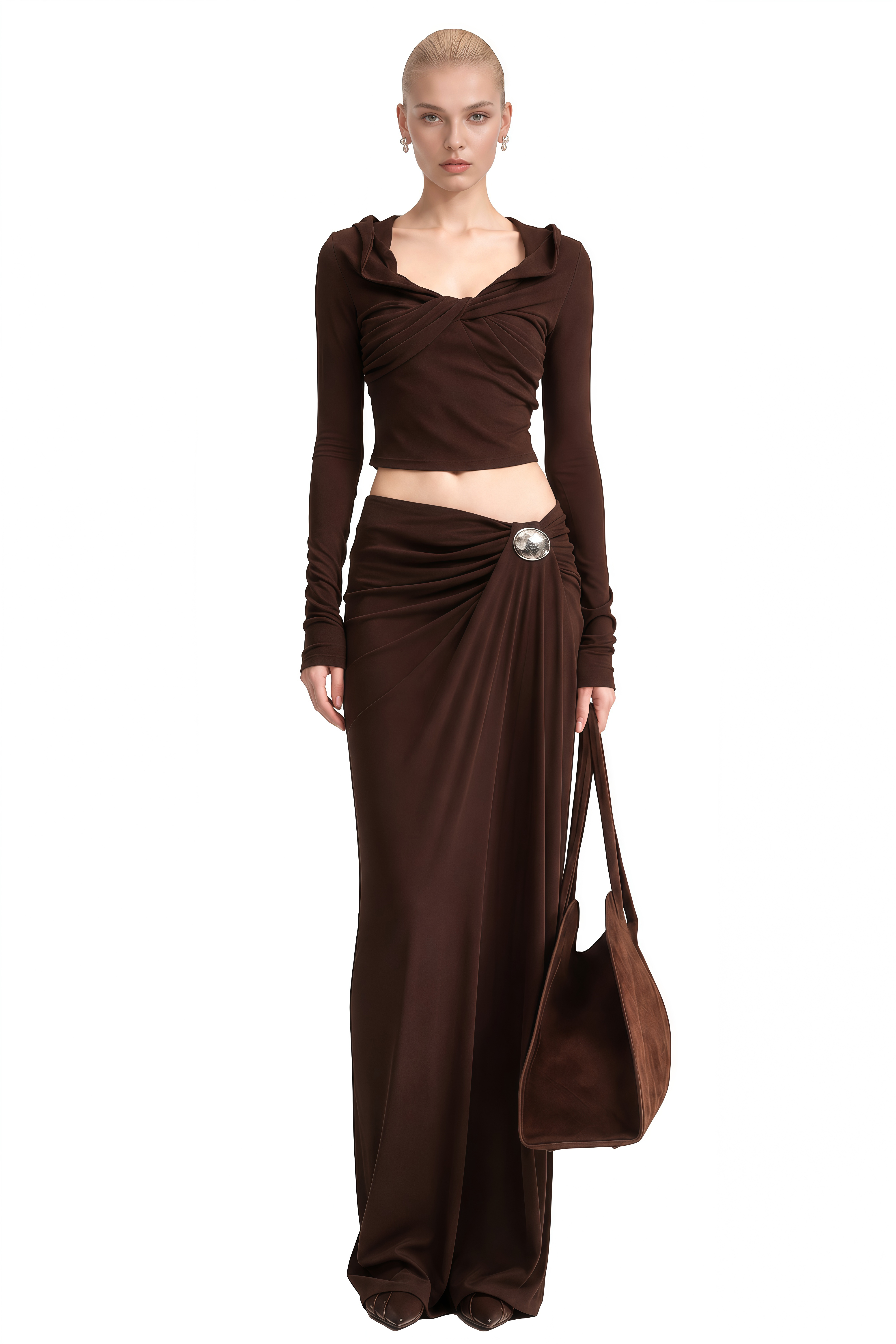 Imogen Brown Long Sleeves Ruched Top & Skirt Set