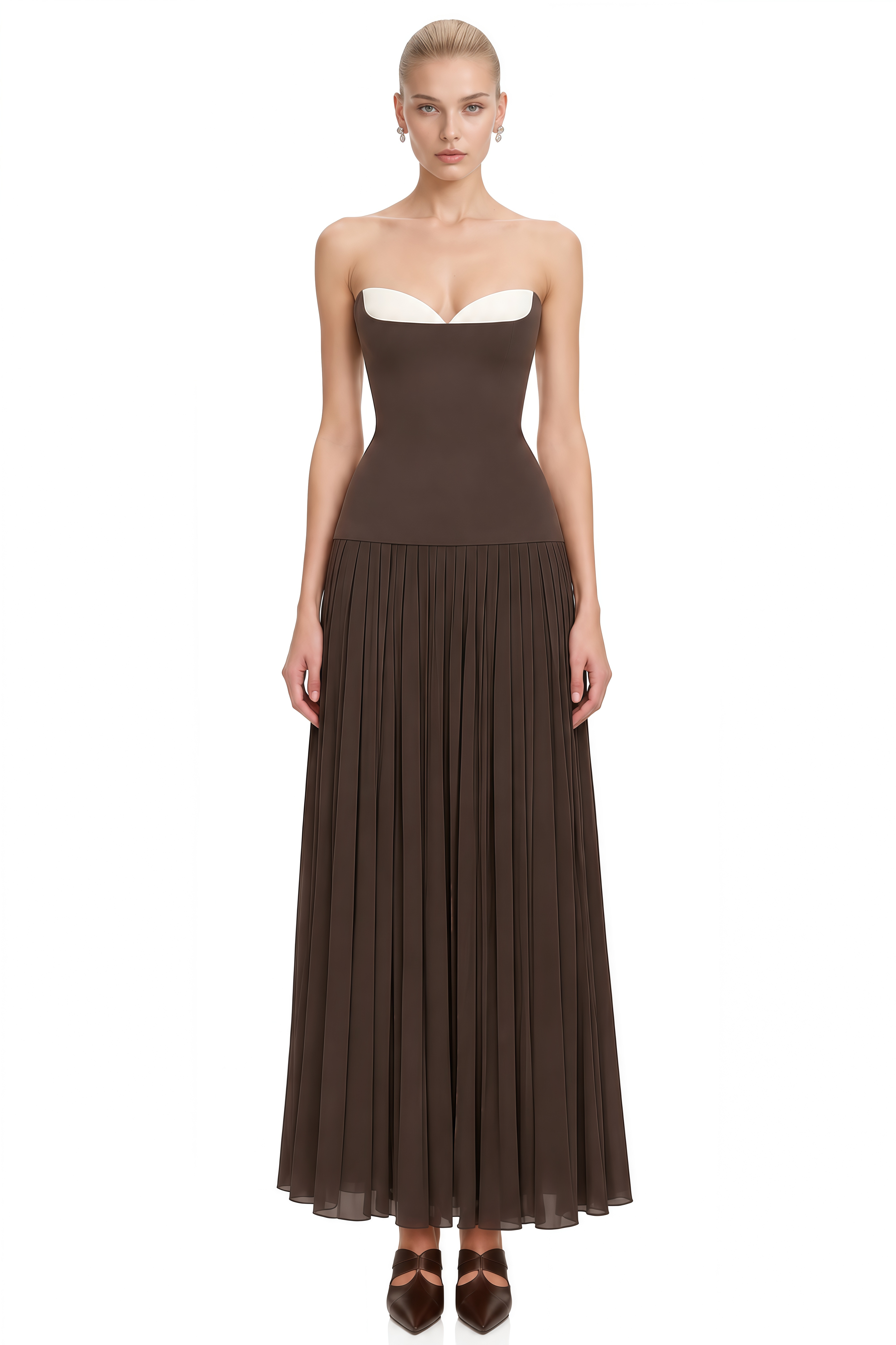 Diana Brown Strapless Pleated Maxi Dress