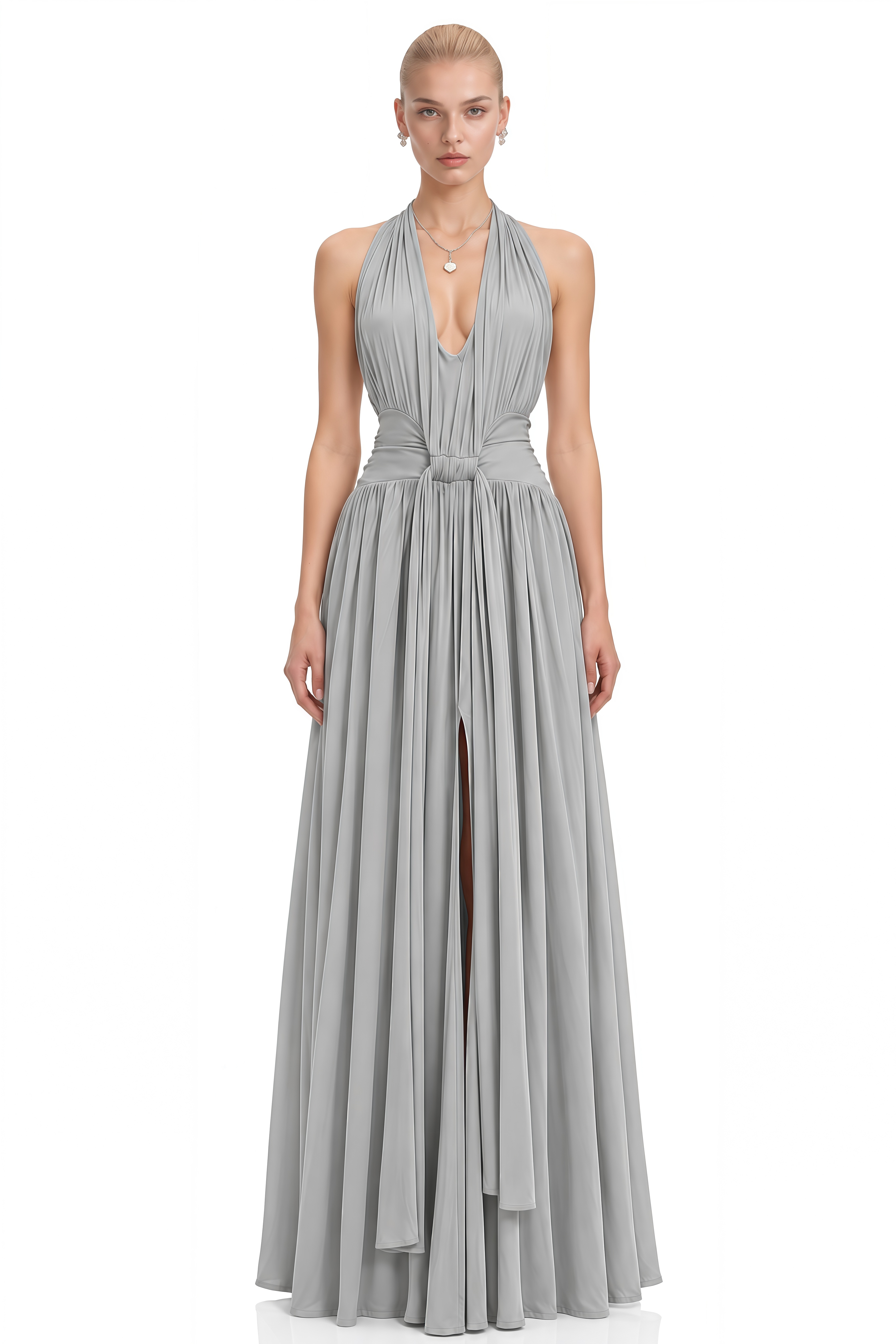 Ophelia Light Grey Halterneck Ruched Maxi Dress