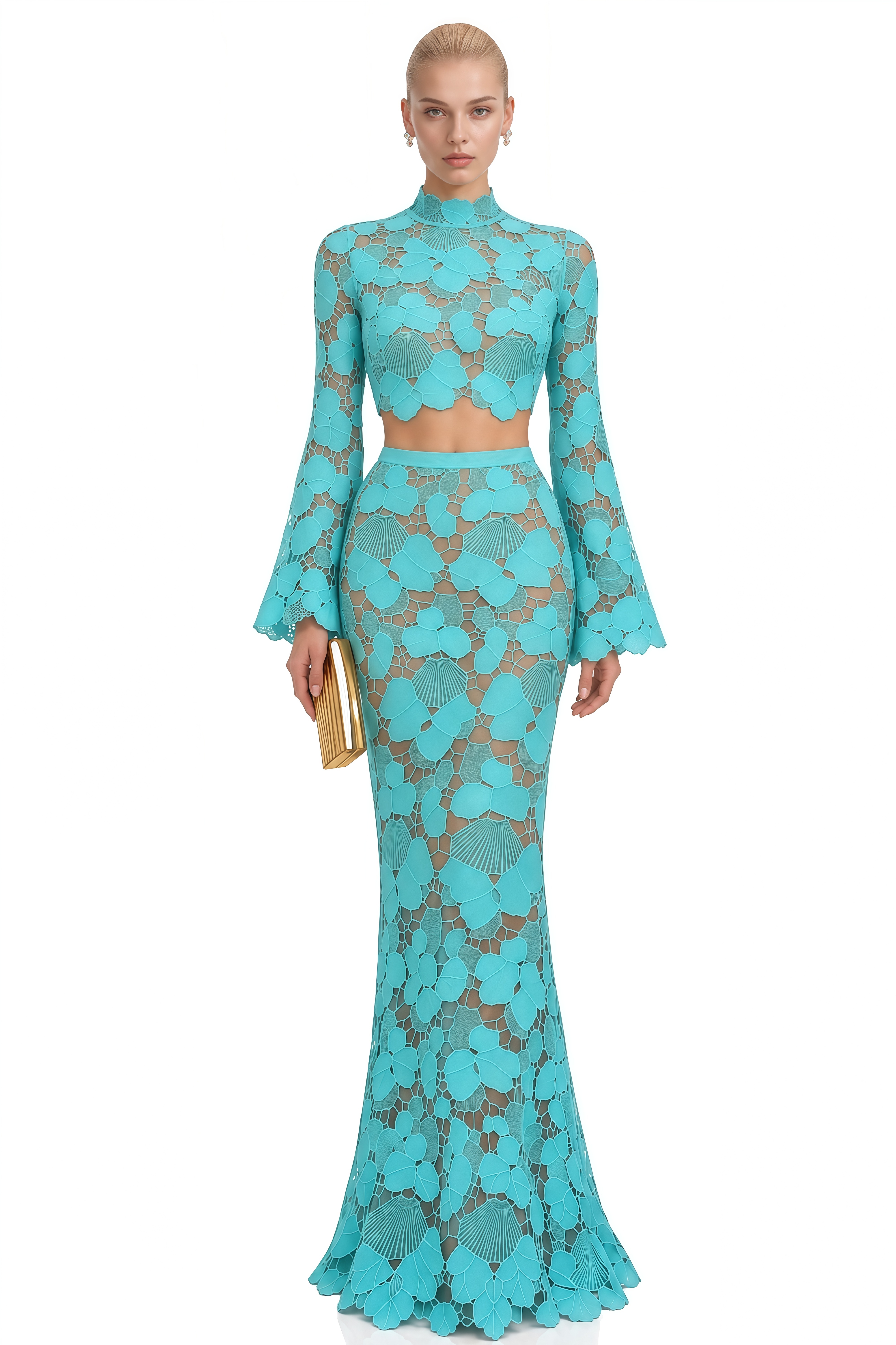 Solène Turquoise Turtleneck Lace Top & Skirt Set
