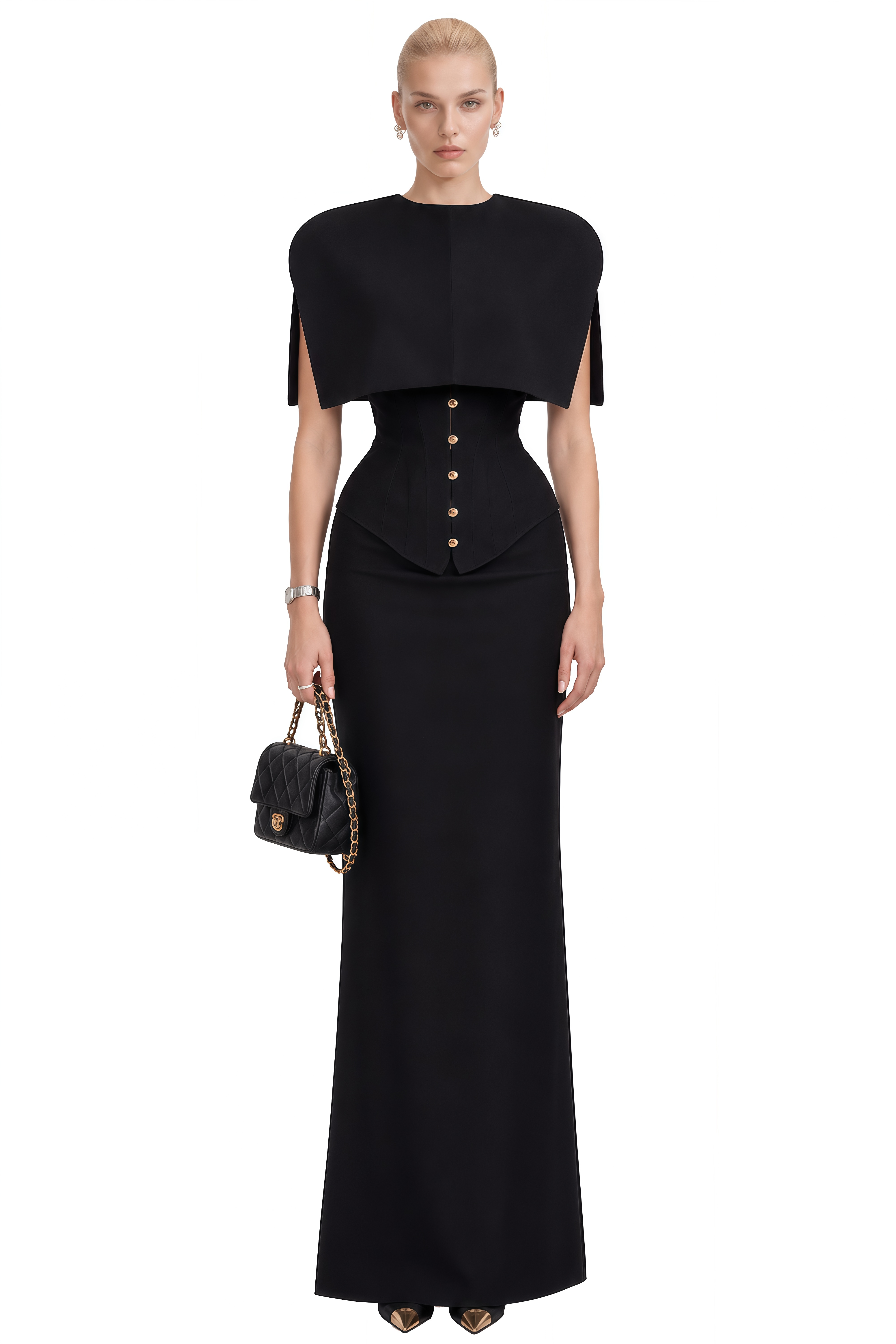 Zephyra Black Round Neck Cape Maxi Dress