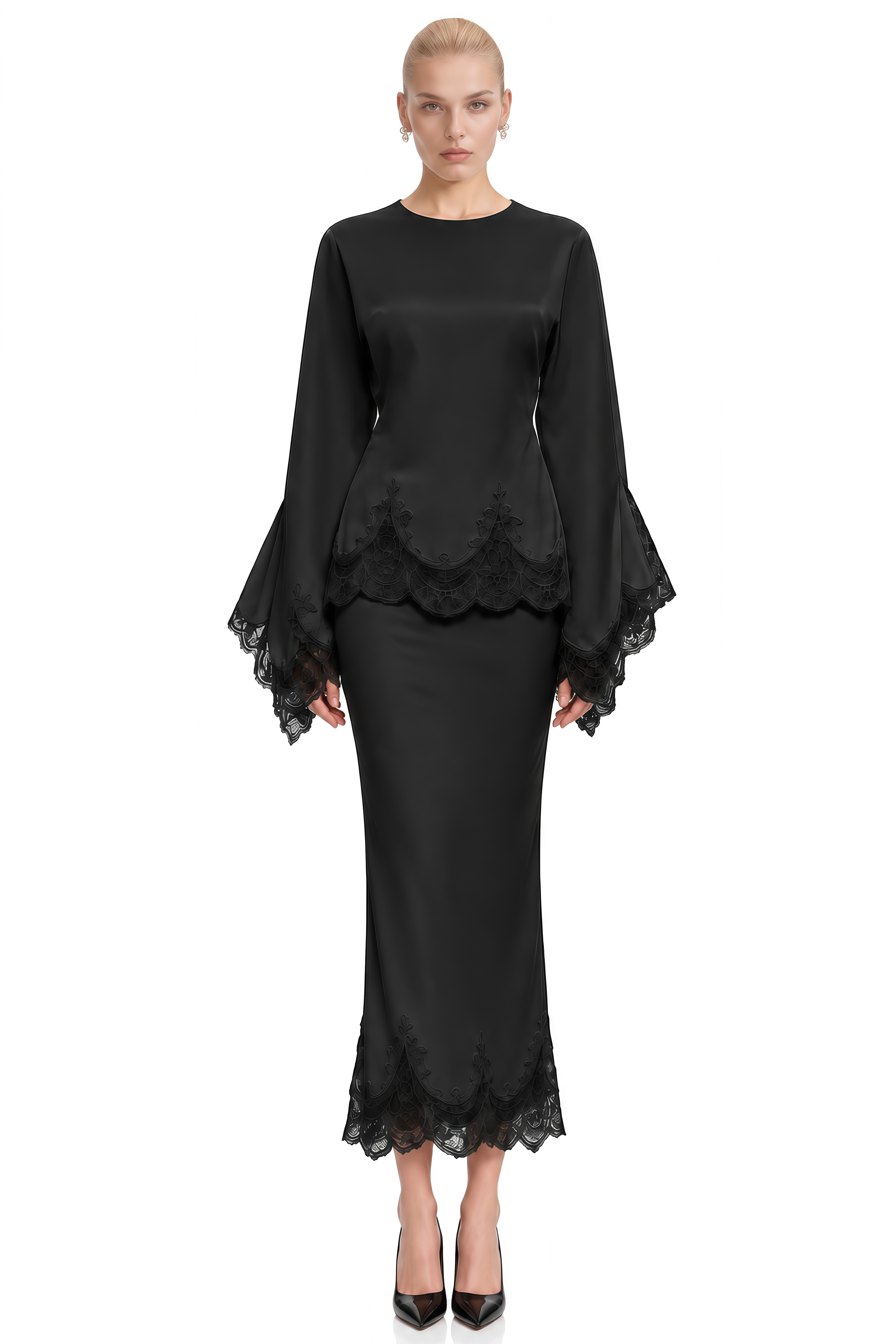 Amelia Black Round Neck Lace-Hem Blouse & Skirt Set