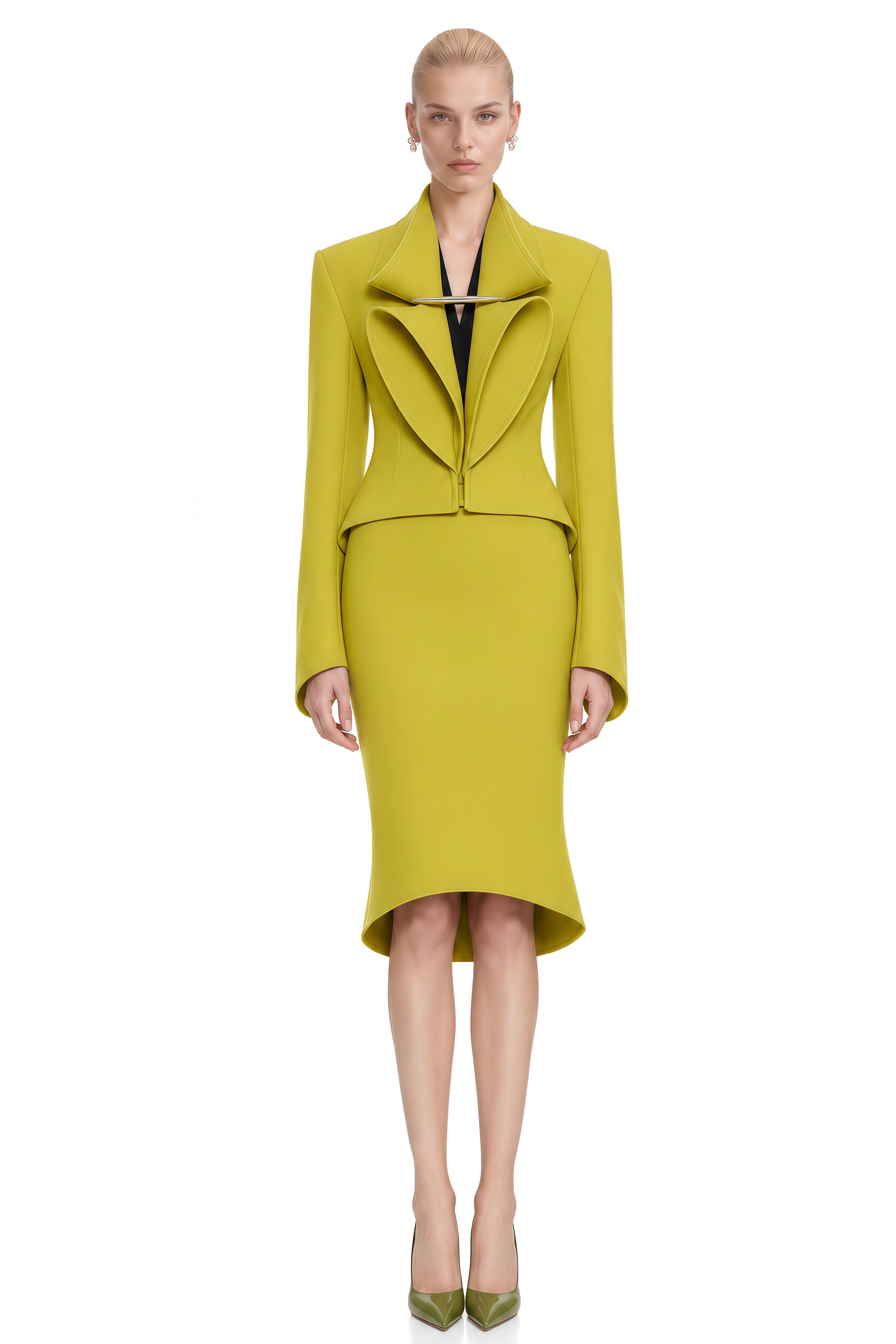 Grace Chartreuse Green Structured Asymmetrical Blazer & Skirt Set