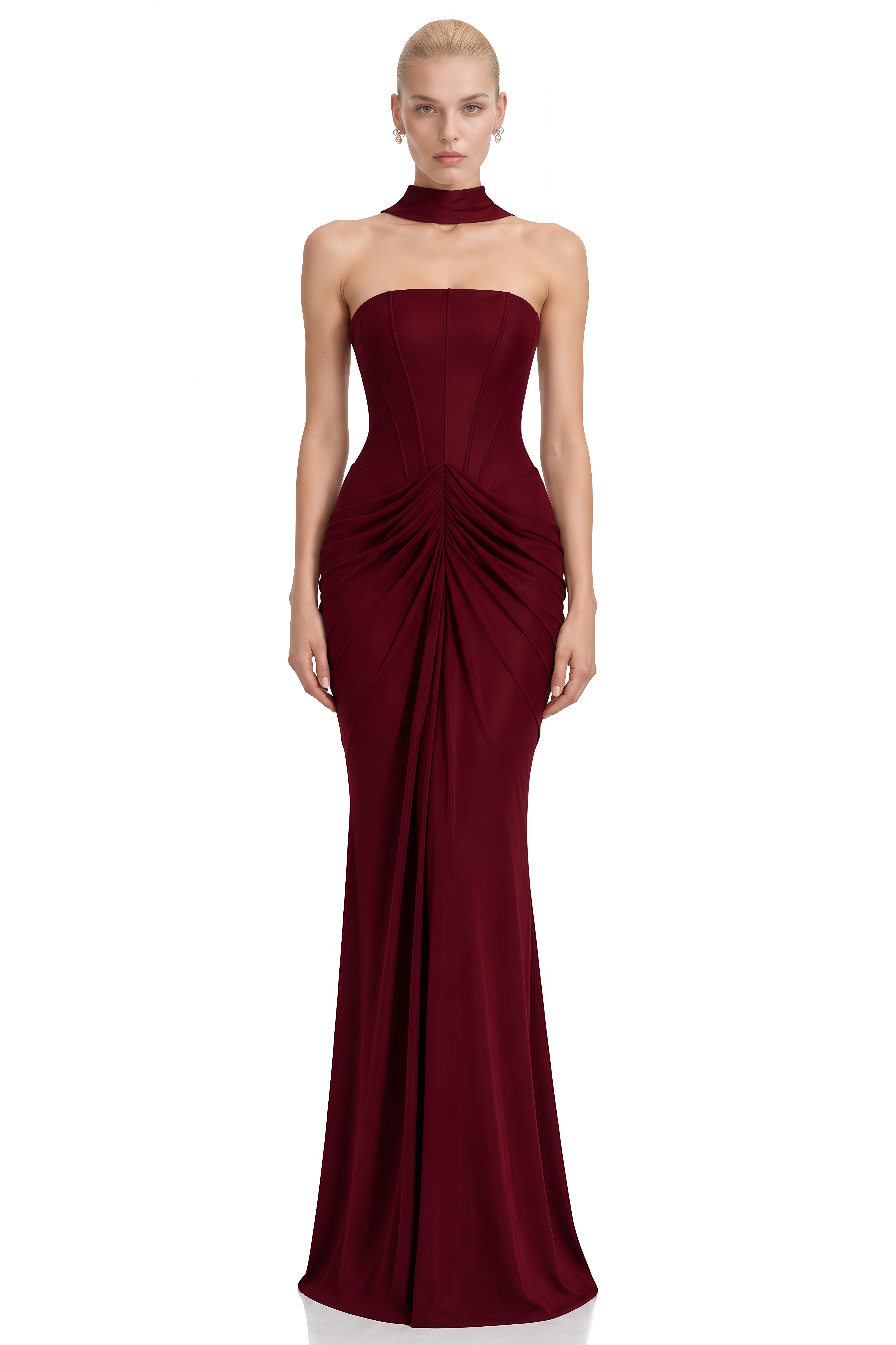 Emily Burgundy Strapless Ruched Maxi Dress