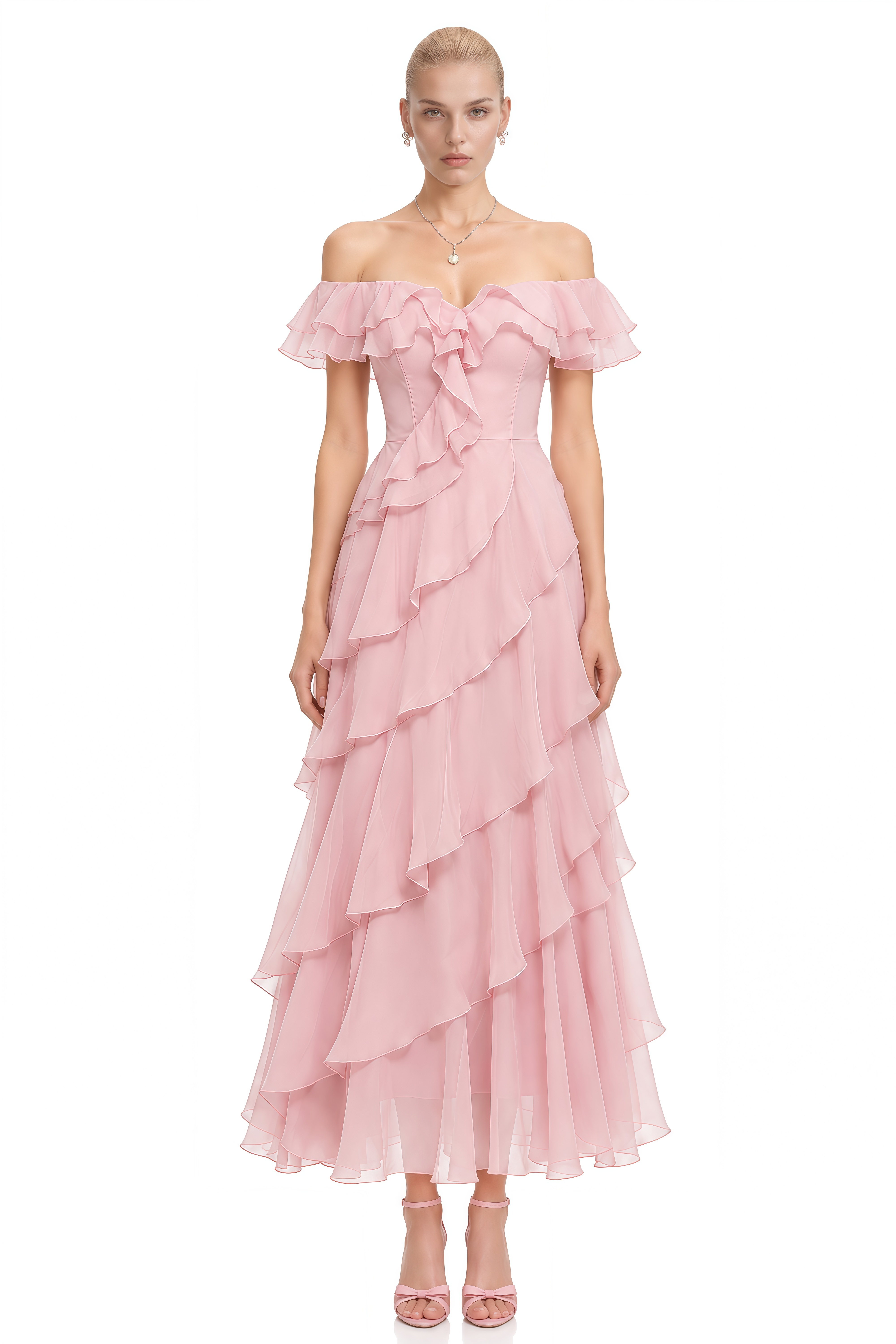Maren Pink Off-Shoulder Layered Maxi Dress