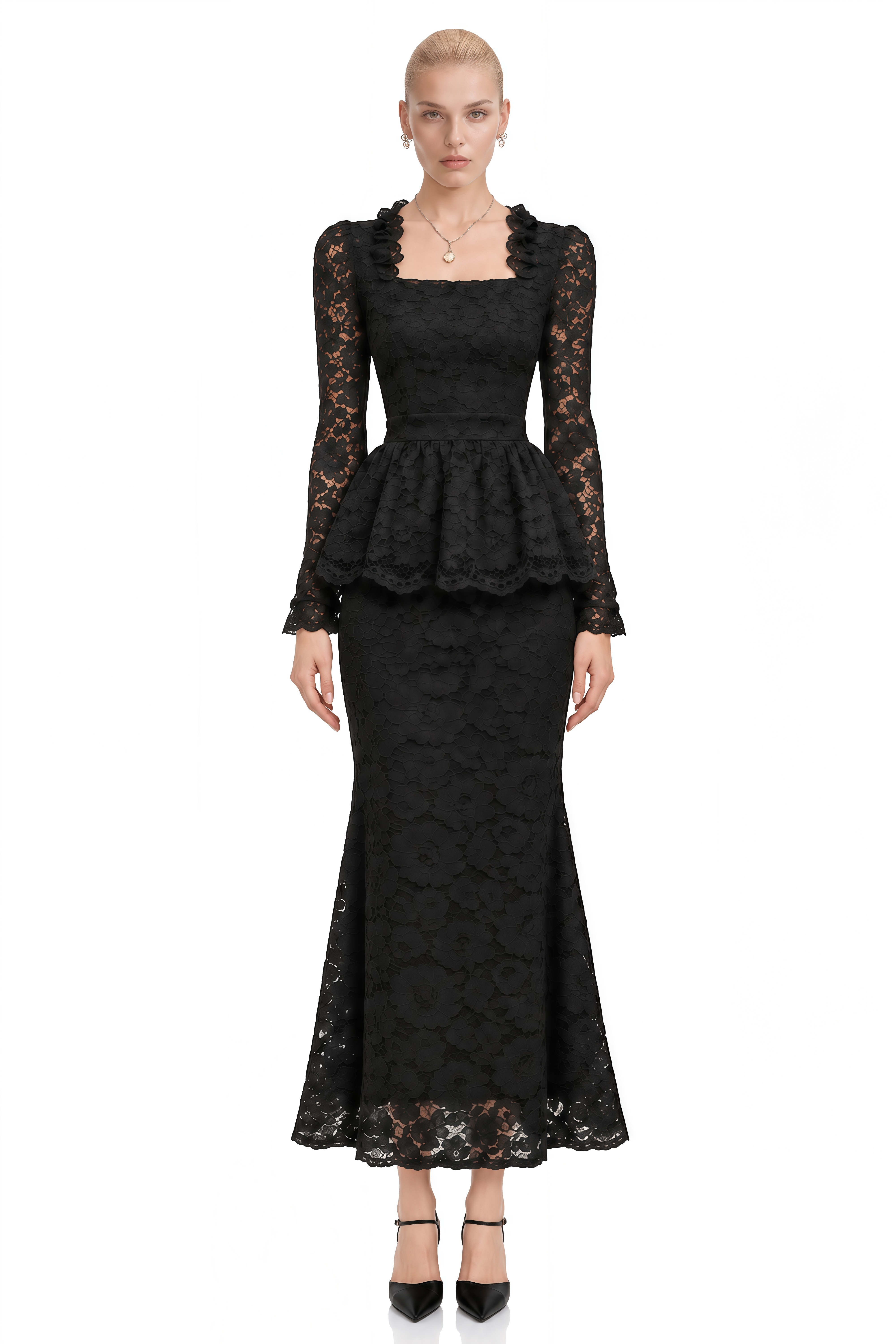 Gigi Black Floral Lace Scalloped Top & Skirt Set