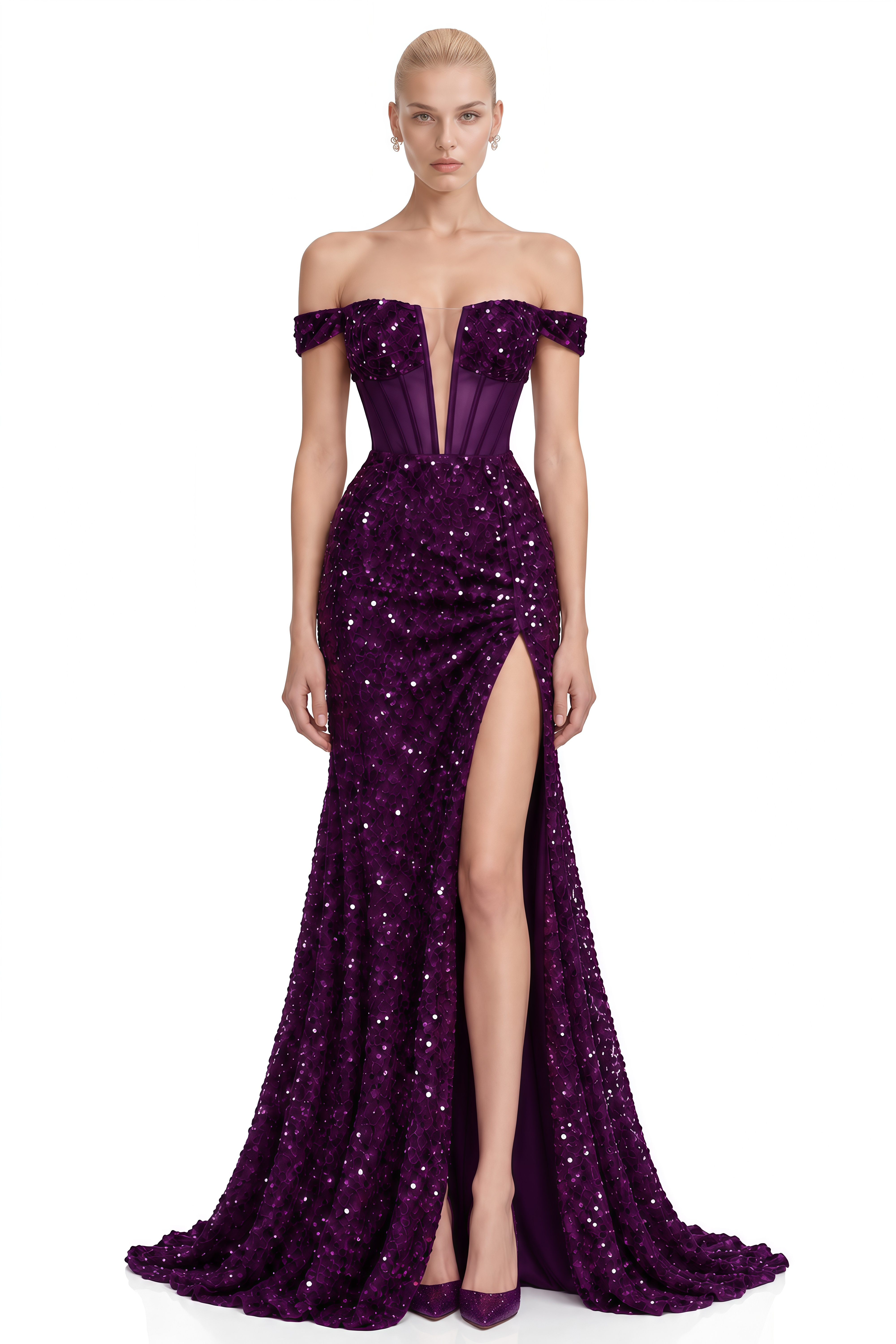 Cordelia Deep Purple Off-Shoulder Sequin Maxi Dress