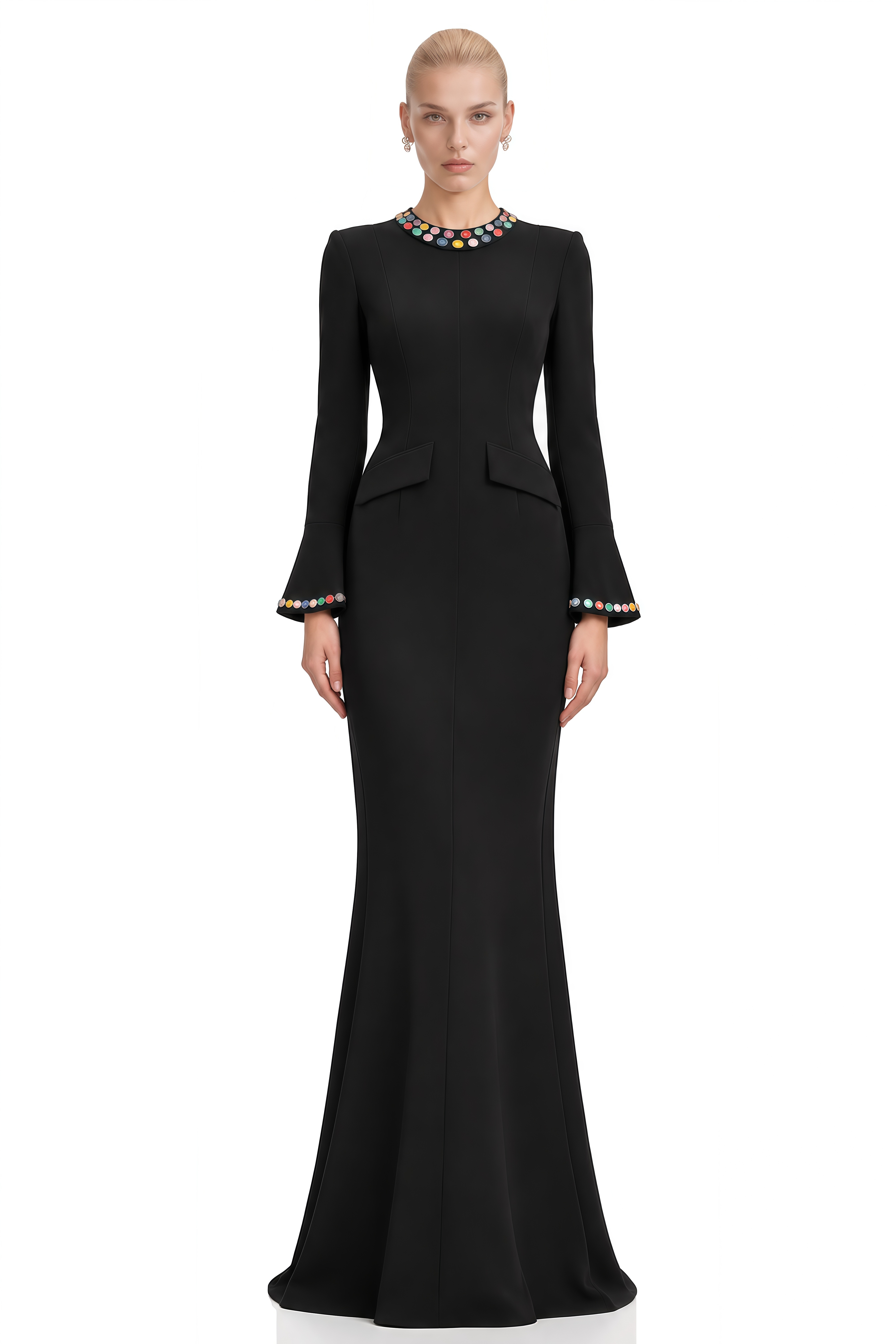 Lucia Black Round Neck Embellished Maxi Dress