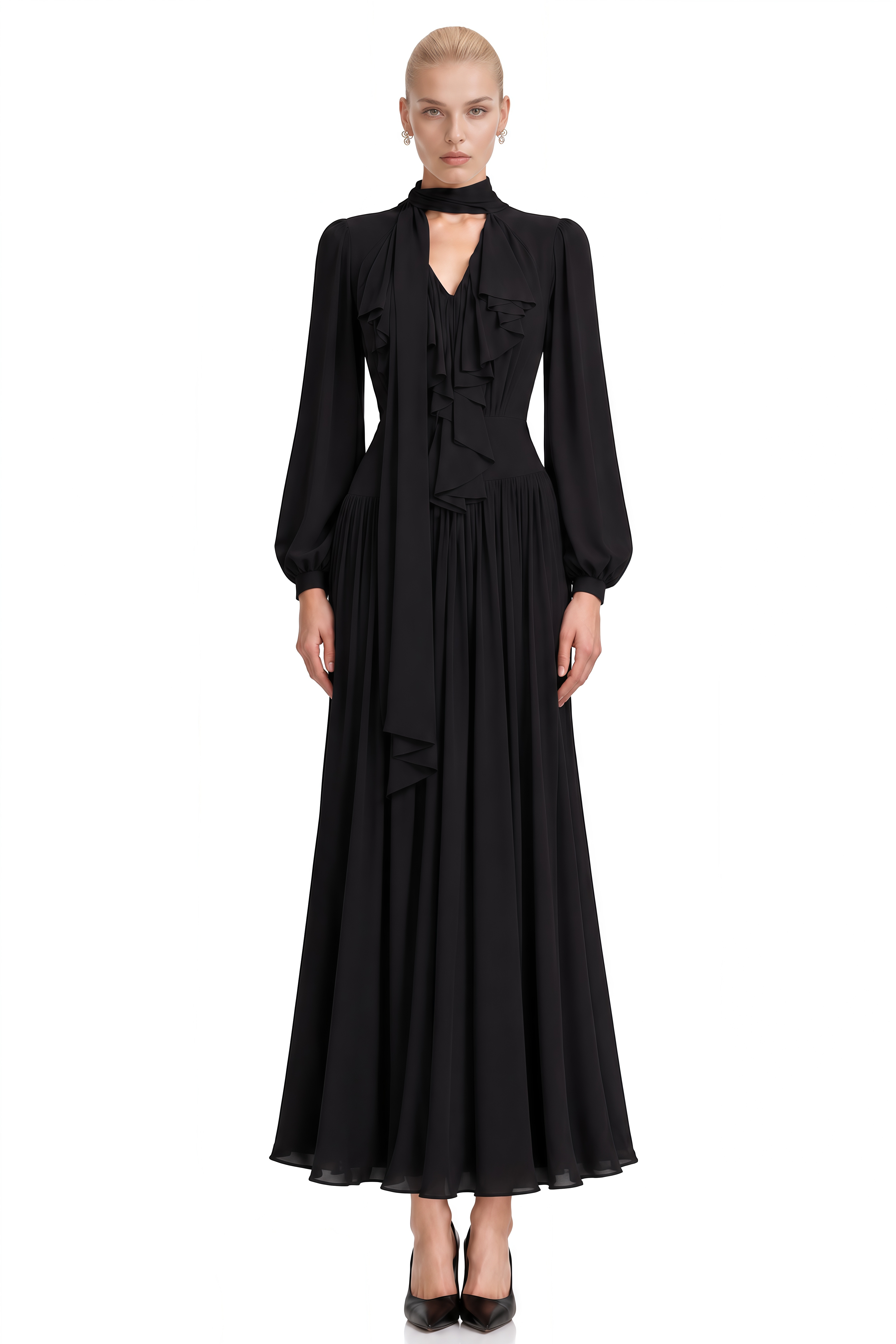 Verity Black Long Sleeves Pleated Maxi Dress