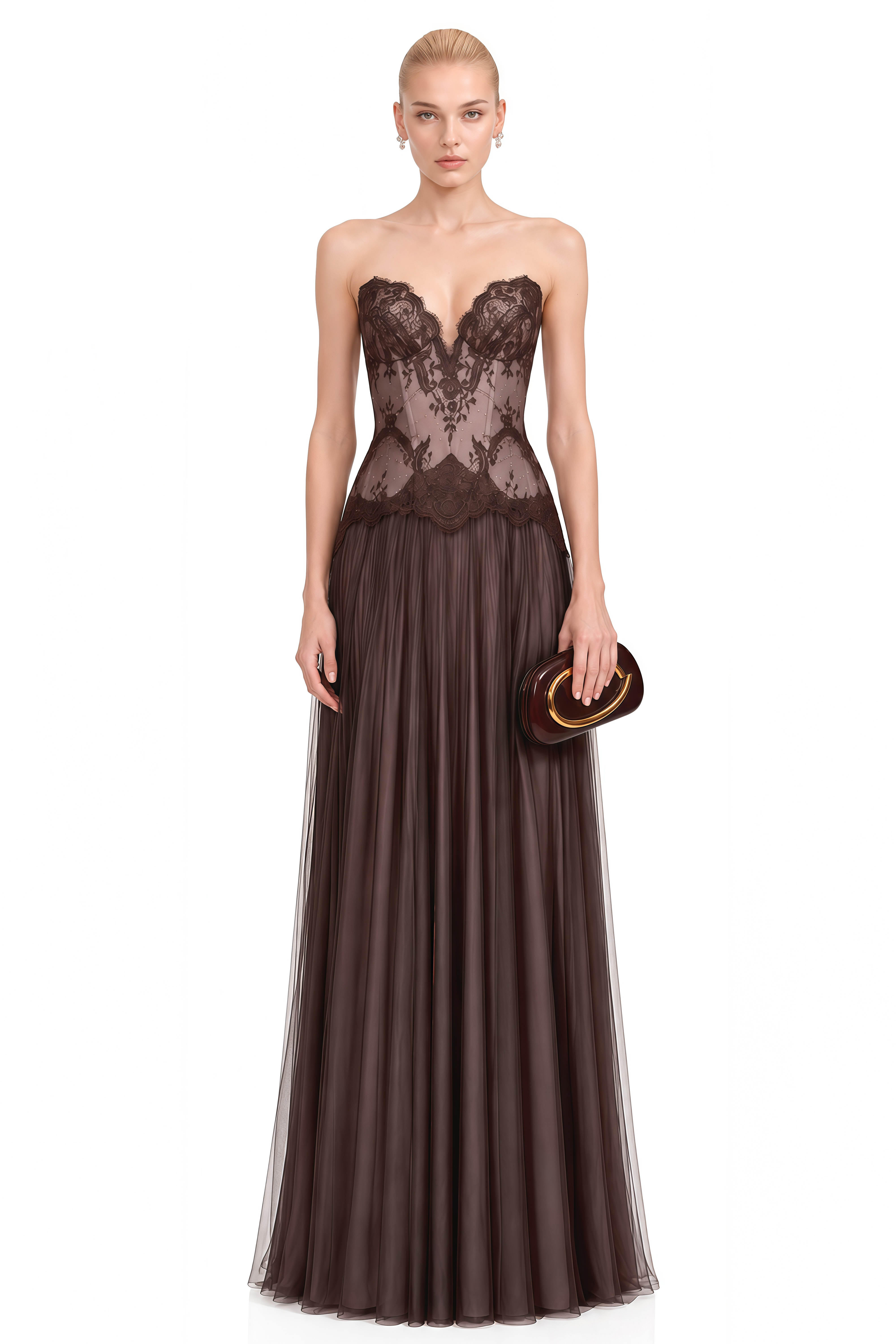 Grace Brown Sweetheart Neck Lace Maxi Dress