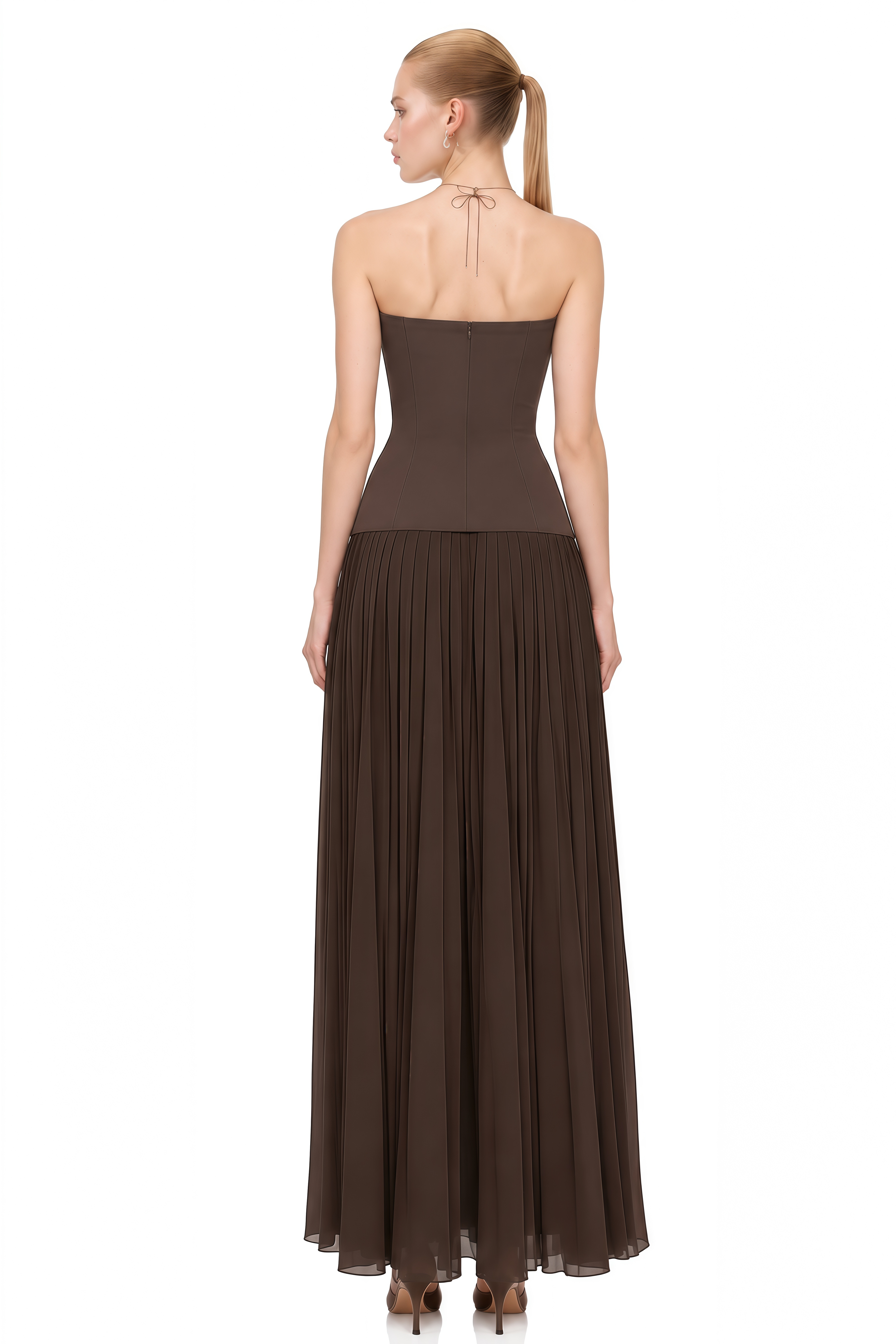 Diana Brown Strapless Pleated Maxi Dress