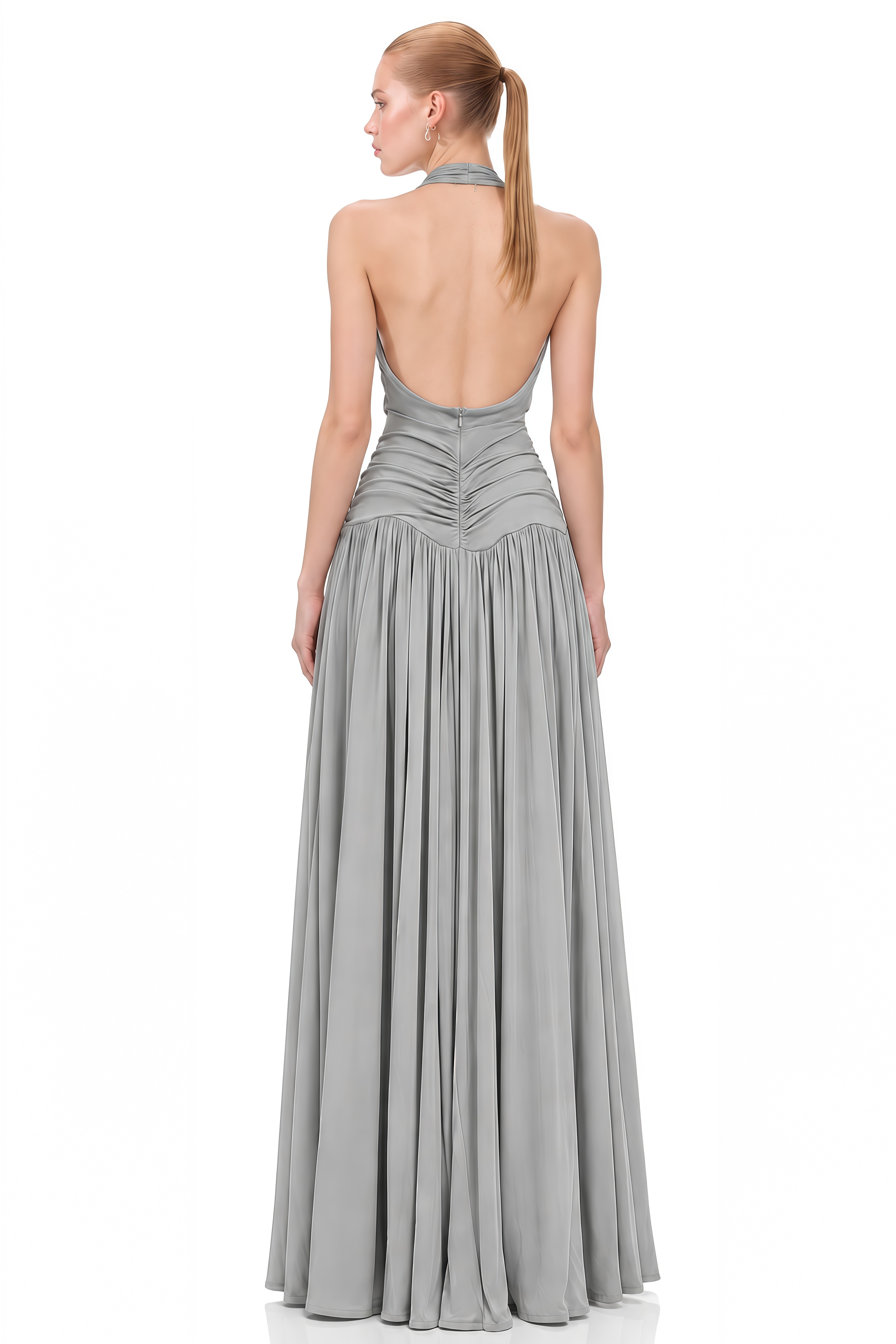 Ophelia Light Grey Halterneck Ruched Maxi Dress