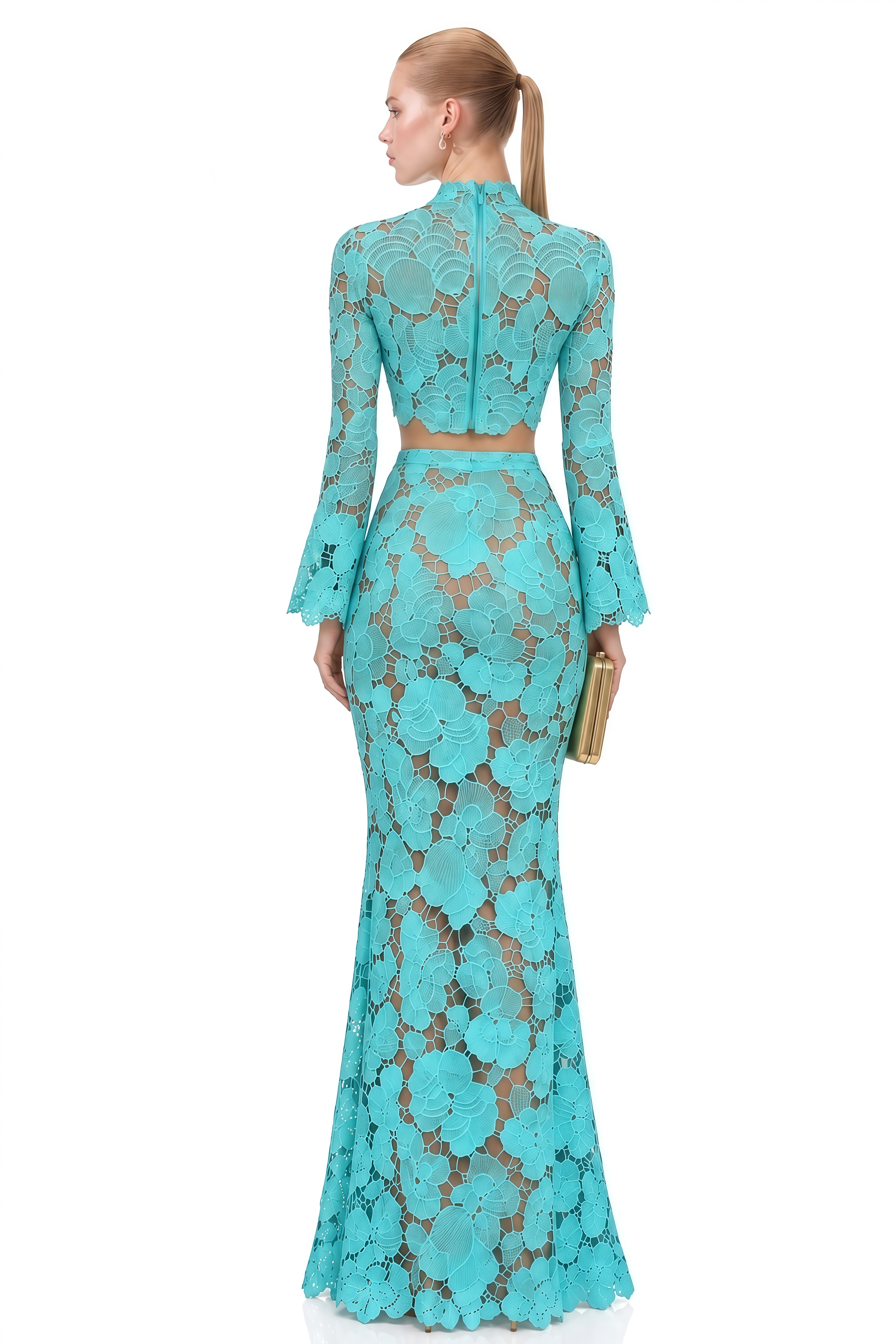 Solène Turquoise Turtleneck Lace Top & Skirt Set