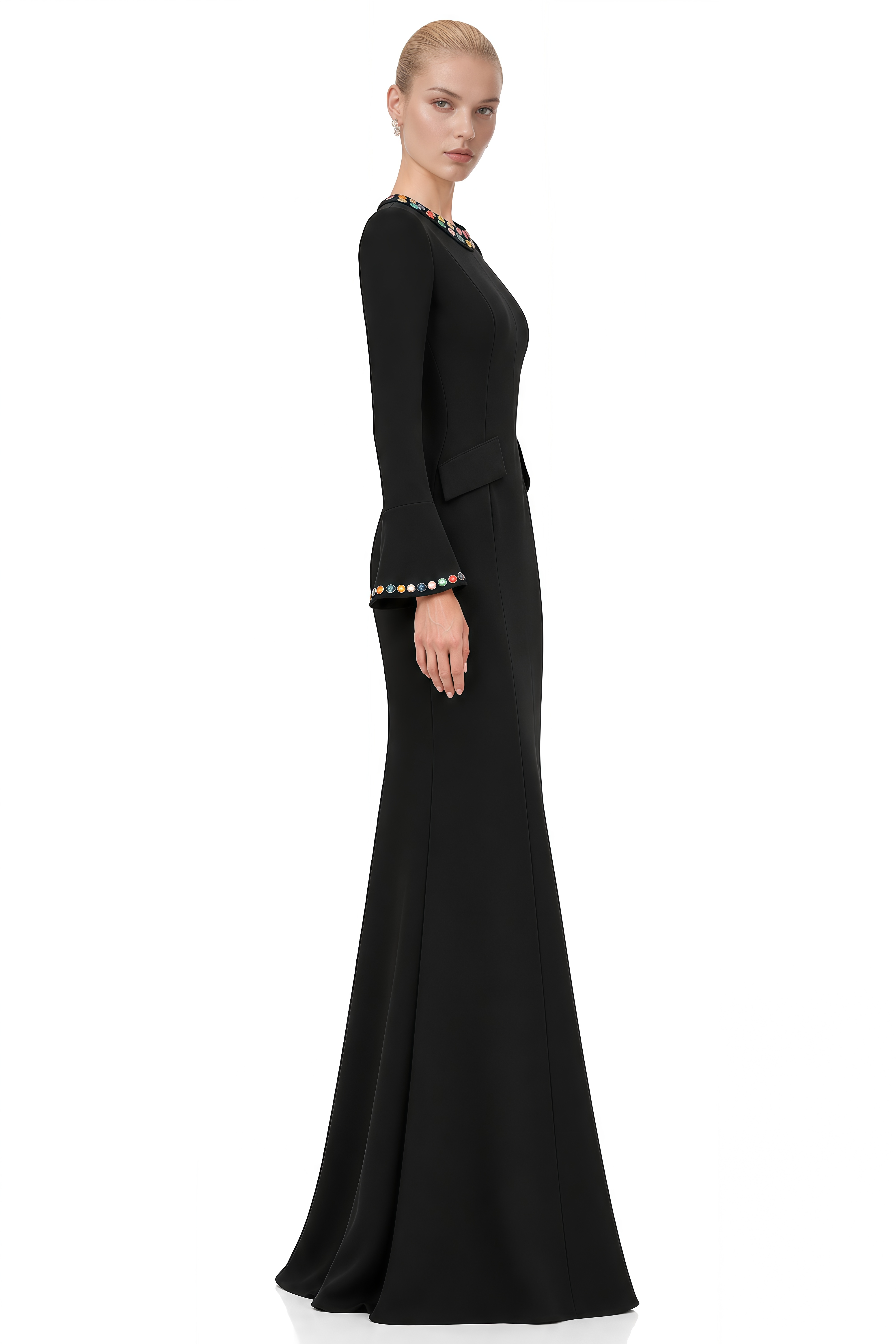 Lucia Black Round Neck Embellished Maxi Dress