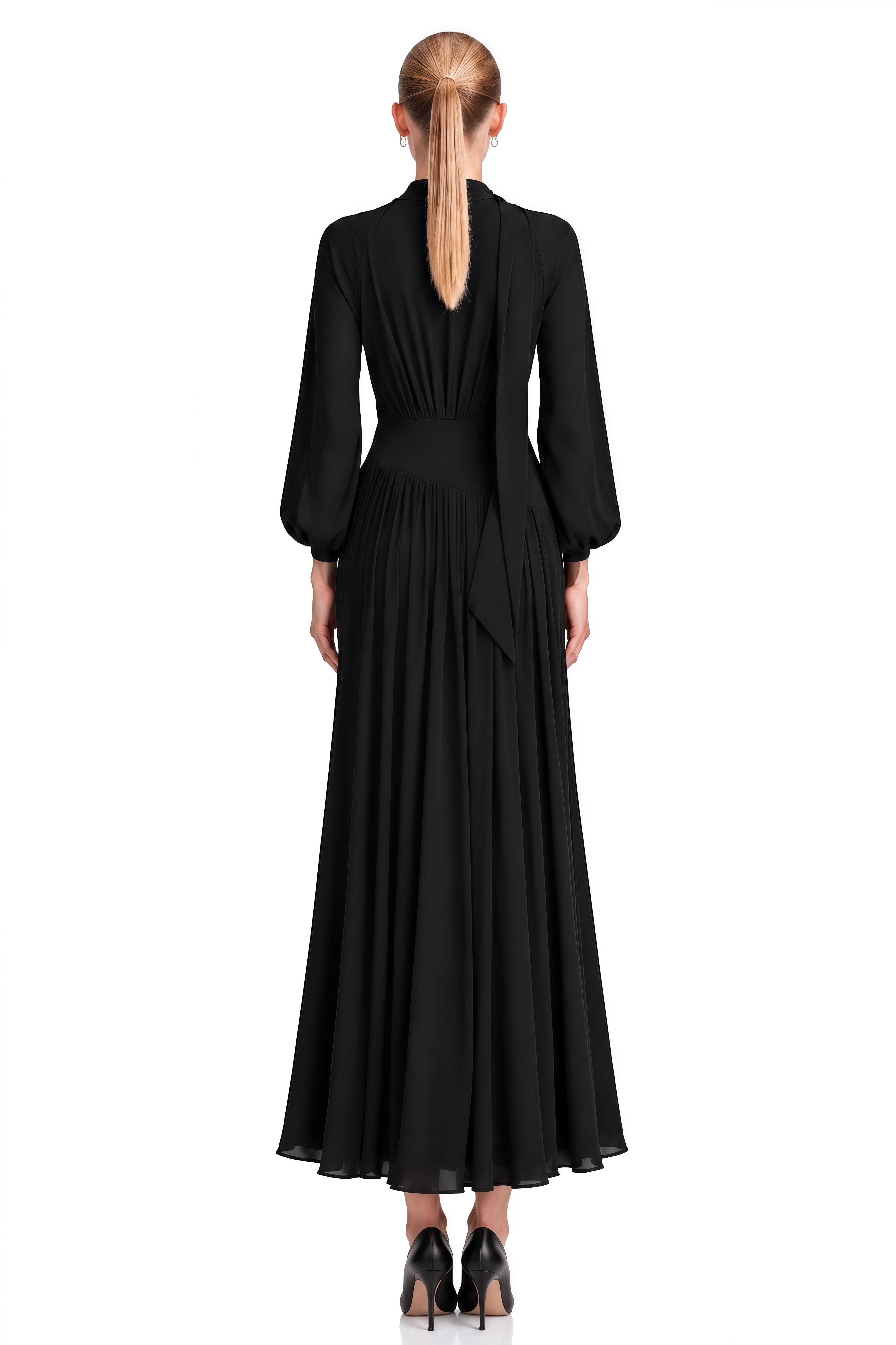 Verity Black Long Sleeves Pleated Maxi Dress
