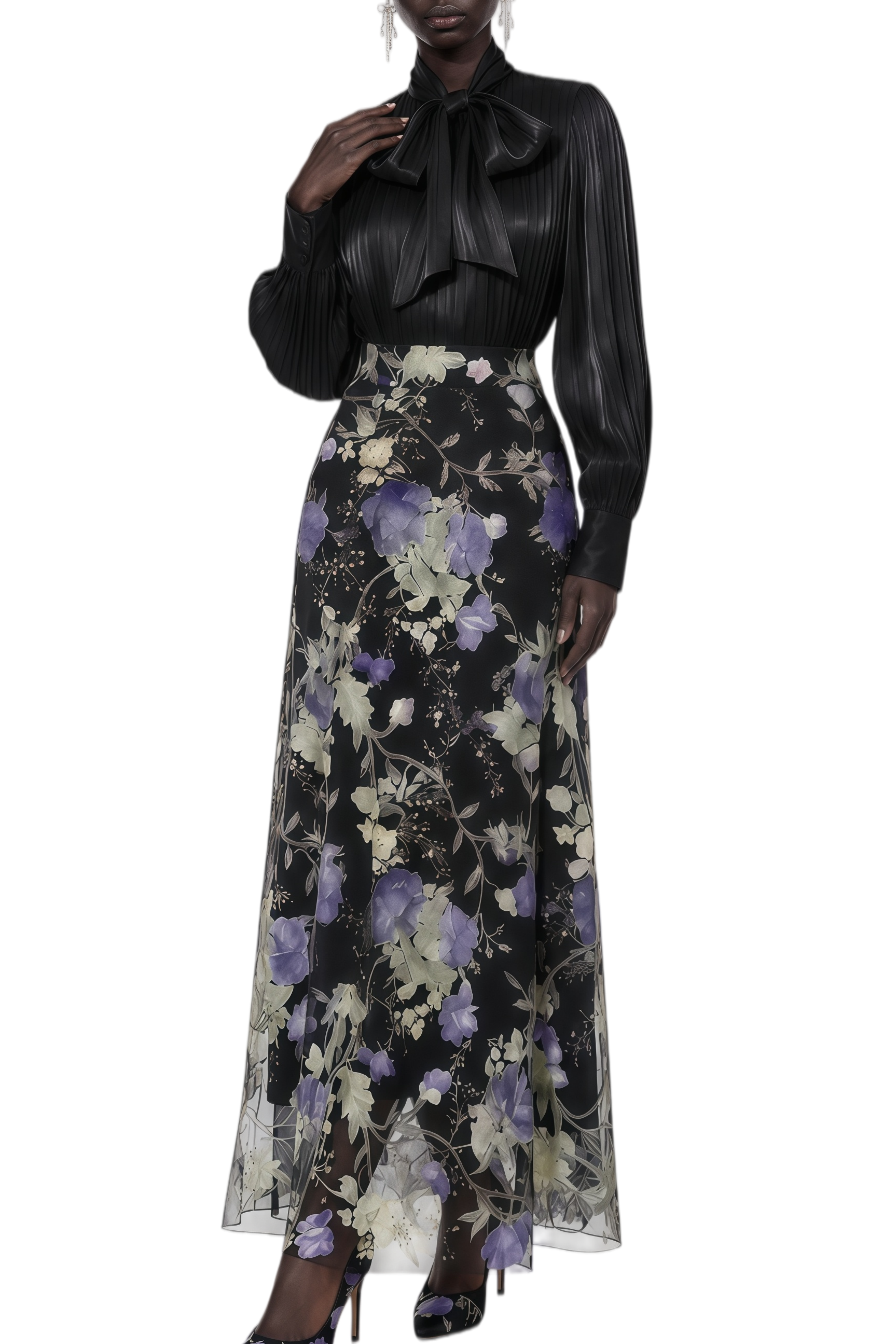 Zephyra Black Floral Print Turtleneck Top & Skirt Set