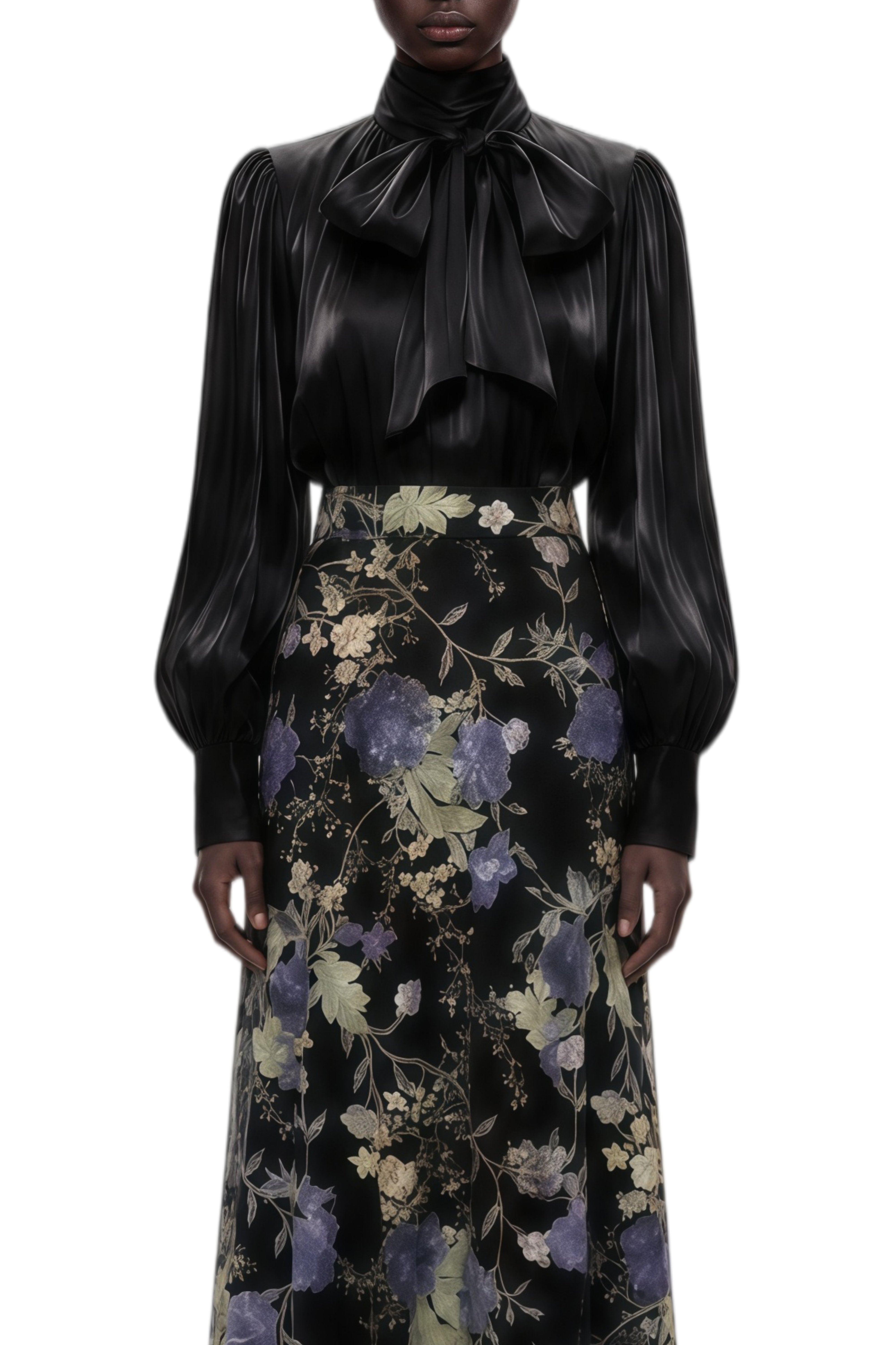 Zephyra Black Floral Print Turtleneck Top & Skirt Set